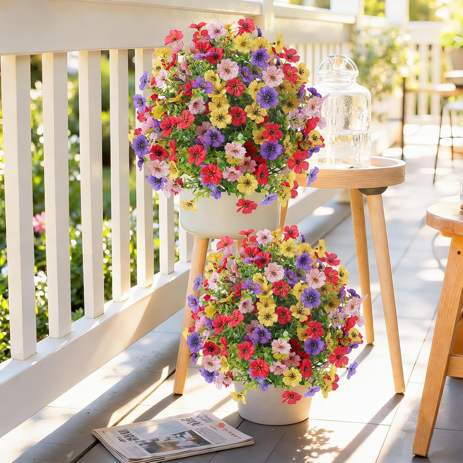 Alupssuc 2Pcs 20" Artificial Topiary Ball Flowers, Spring Outdoor Decoration with Spike, UV Resistant Faux Summer Plants, Faux Bushes Plants, Red Deep Purple Yellow Pink for Garden, Porch Decor