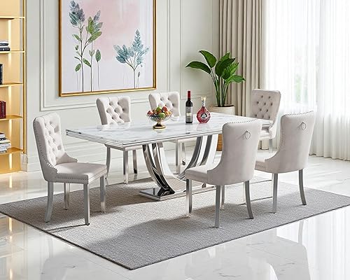 Miniatura 33 de Juego de mesa de comedor de mármol sintético, 7 piezas, juego de mesa de cocina y comedor para 6, mesa de comedor rectangular blanca de 70 pulgadas