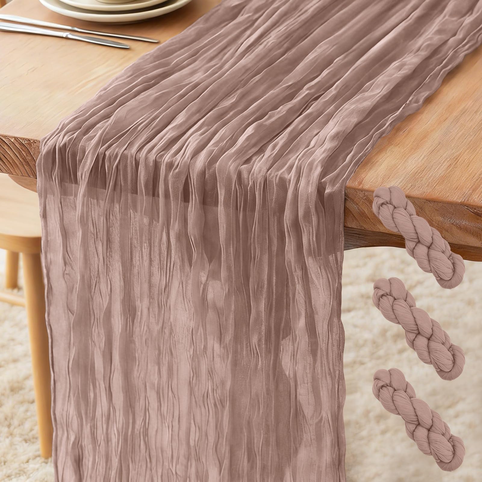3 Pack Cheesecloth Table Runner Dusty Pink, 300 x 90 CM Bohemian-style Gauze Rustic Gauze Fabric Tablecloth for Wedding, Parties, Christmas and New Year's Eve Table Decoration — image 1
