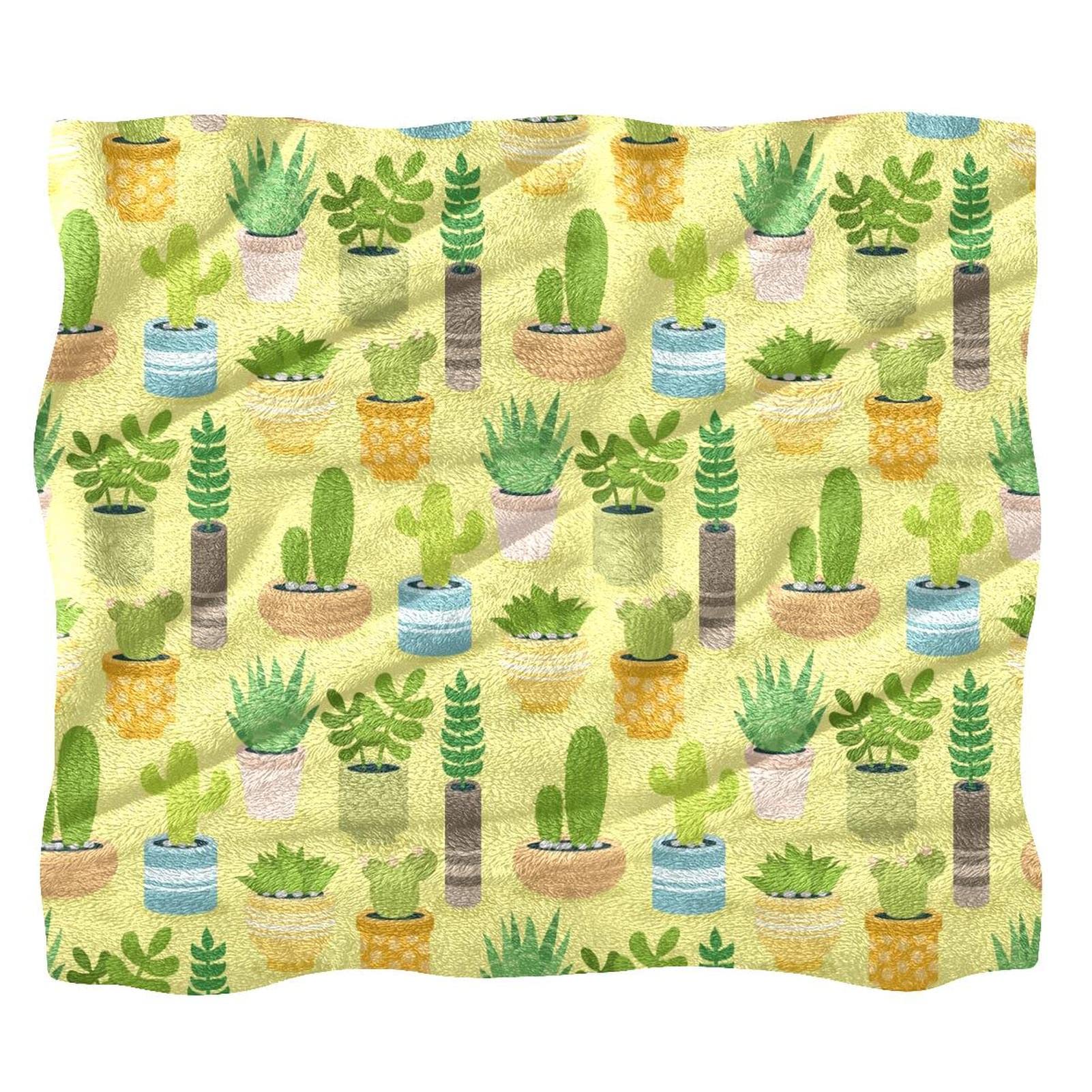 Couverture polaire cactus et plantes en pot jeté lit vert