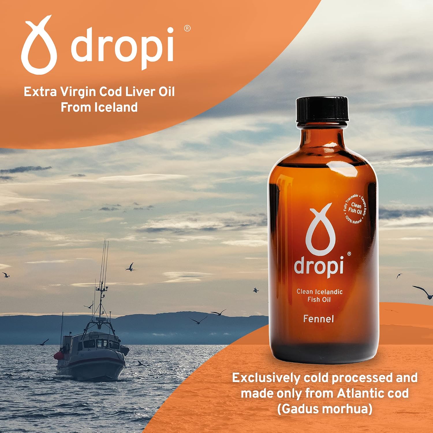 Dropi Omega 3 Fish Oil Liquid, Fennel - Maximum Strength Omega-3s EPA, DHA, Vitamin A & D - Extra Virgin Cod Liver Oil Food Supplement for Immune System, Brain Health & Joint Support - 5.7 Fl Oz