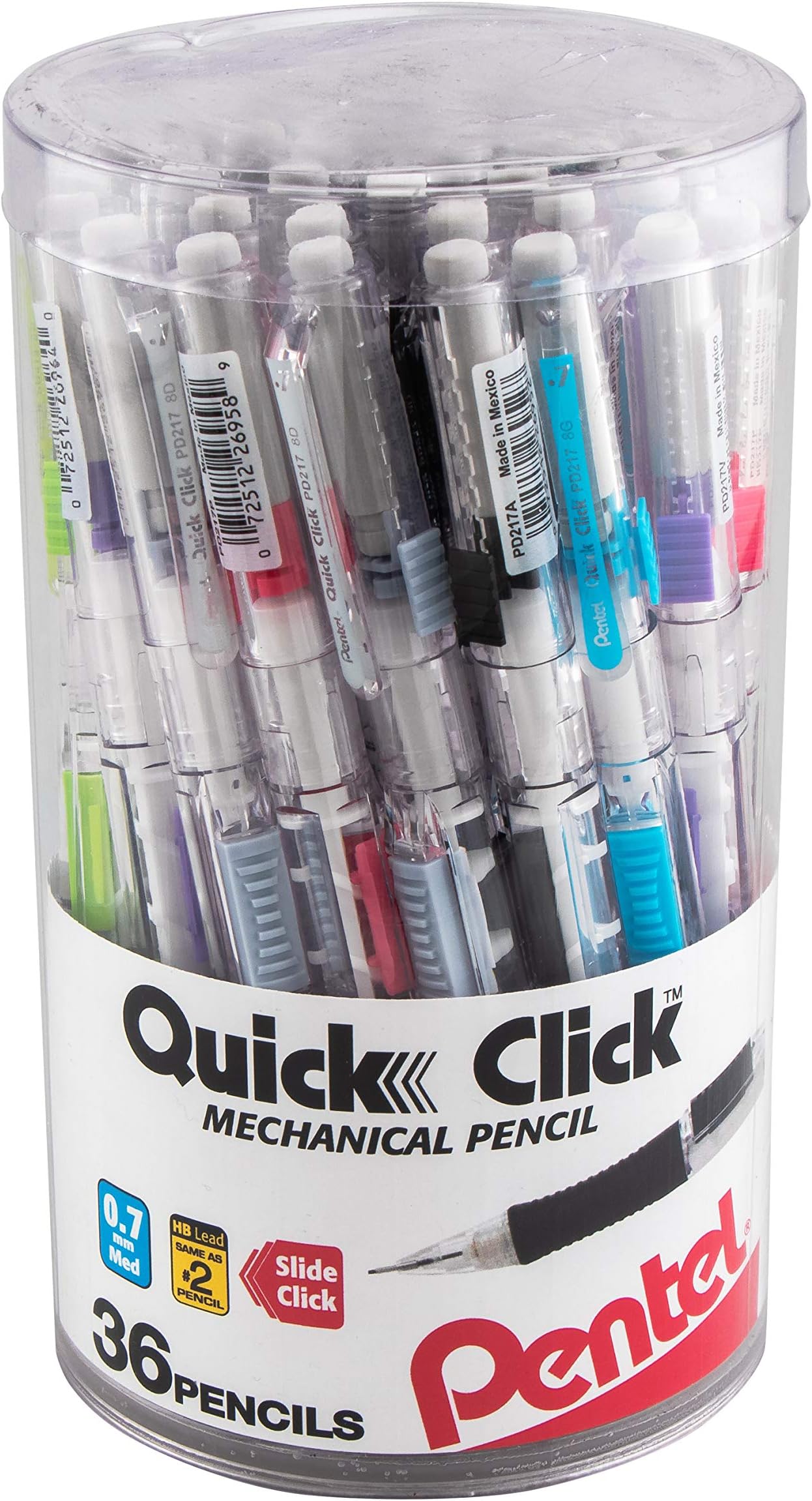 Pentel Quick Click Mechanical Pencil, (0.7mm) Med Line, Canister, Assorted Colors (A/D/N/P/S/V), 36-PK (PD217PC36M)