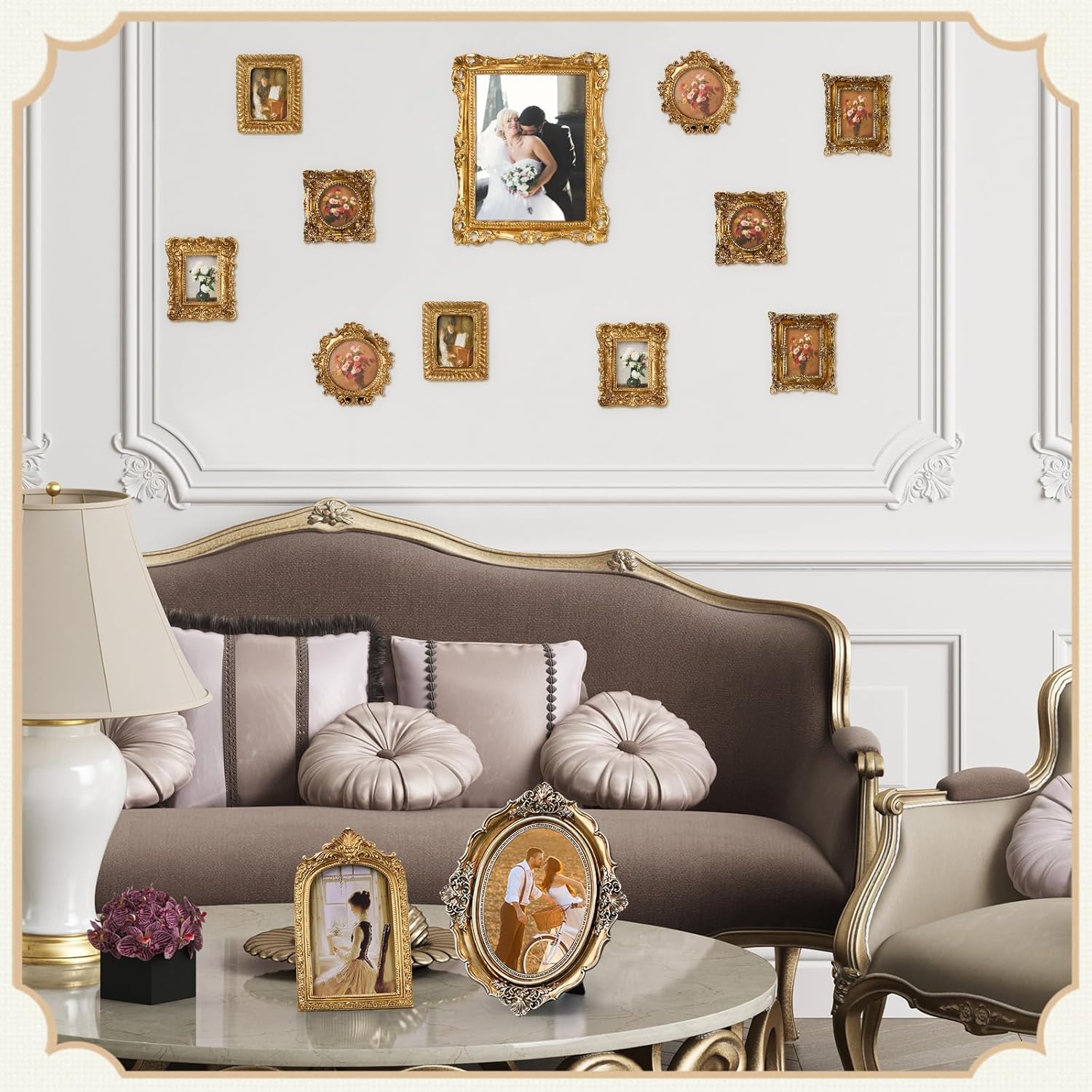 20 Pcs Wooden Vintage Gold Picture Frame Bulk Antique Wood Photo Frame with Glass Front Backboard for Tabletop Display Wall Hanging Decor Christmas Jewelry Display for Home Hotel Wedding Ornaments