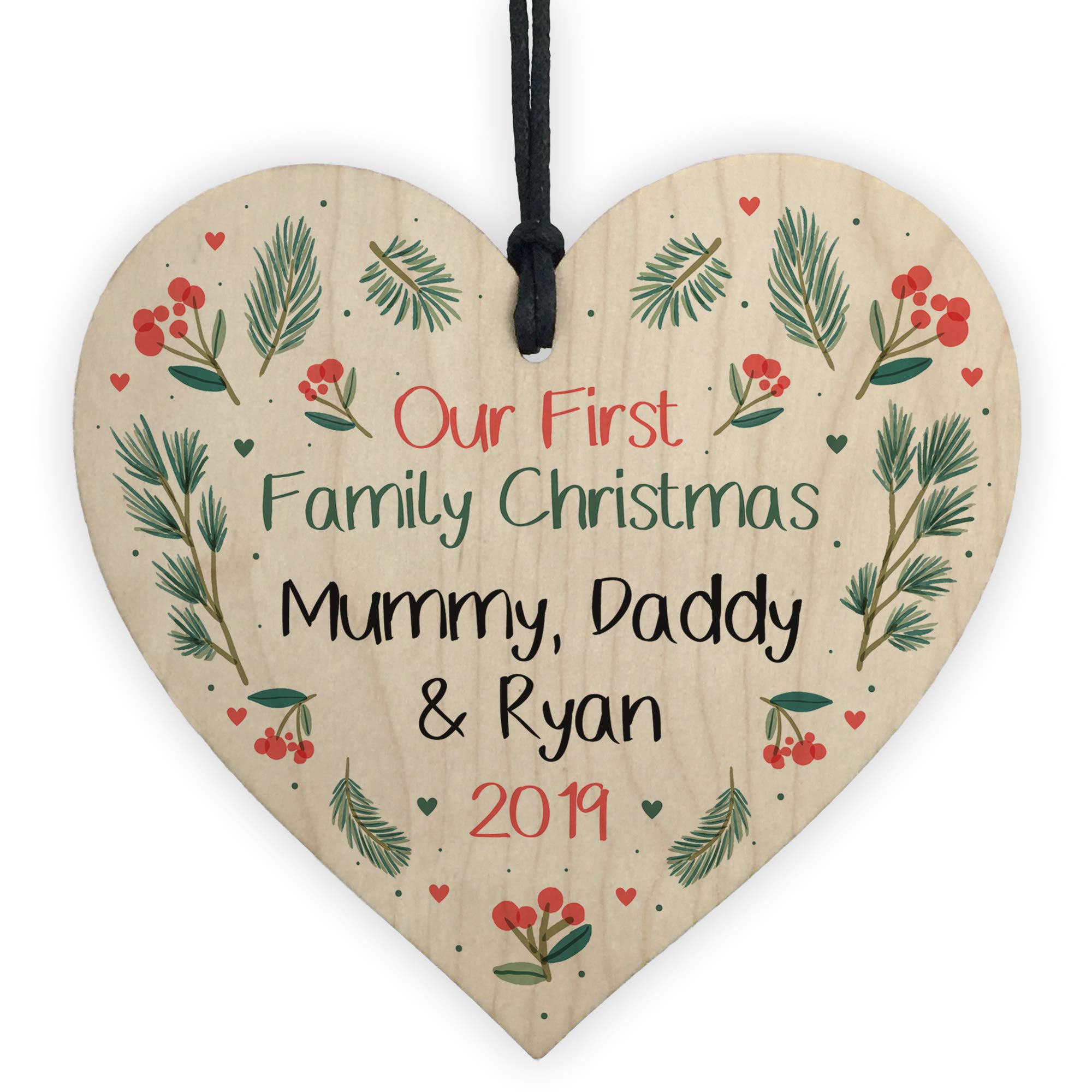 Red Ocean Personalised 1St Christmas Mum Dad Baby Bauble Tree Decor Wooden Heart New Baby Keepsake