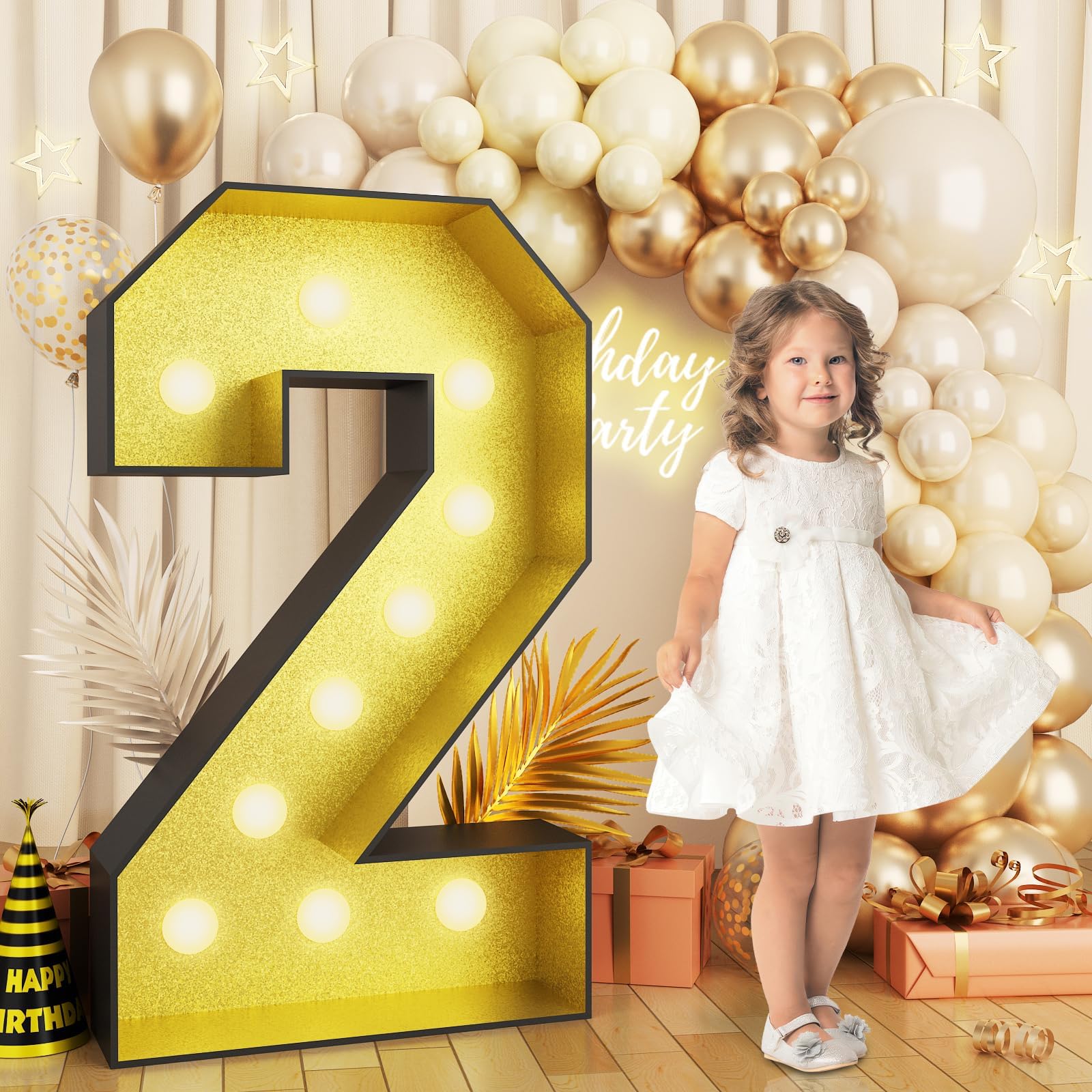 4FT Marquee 2 Numbers, Light Up 2 Glitter Gold Giant Marquee Mosaic Frame Light Up Numbers for 2nd 22 23 26 28 Birthday Party Decorations Mosaic