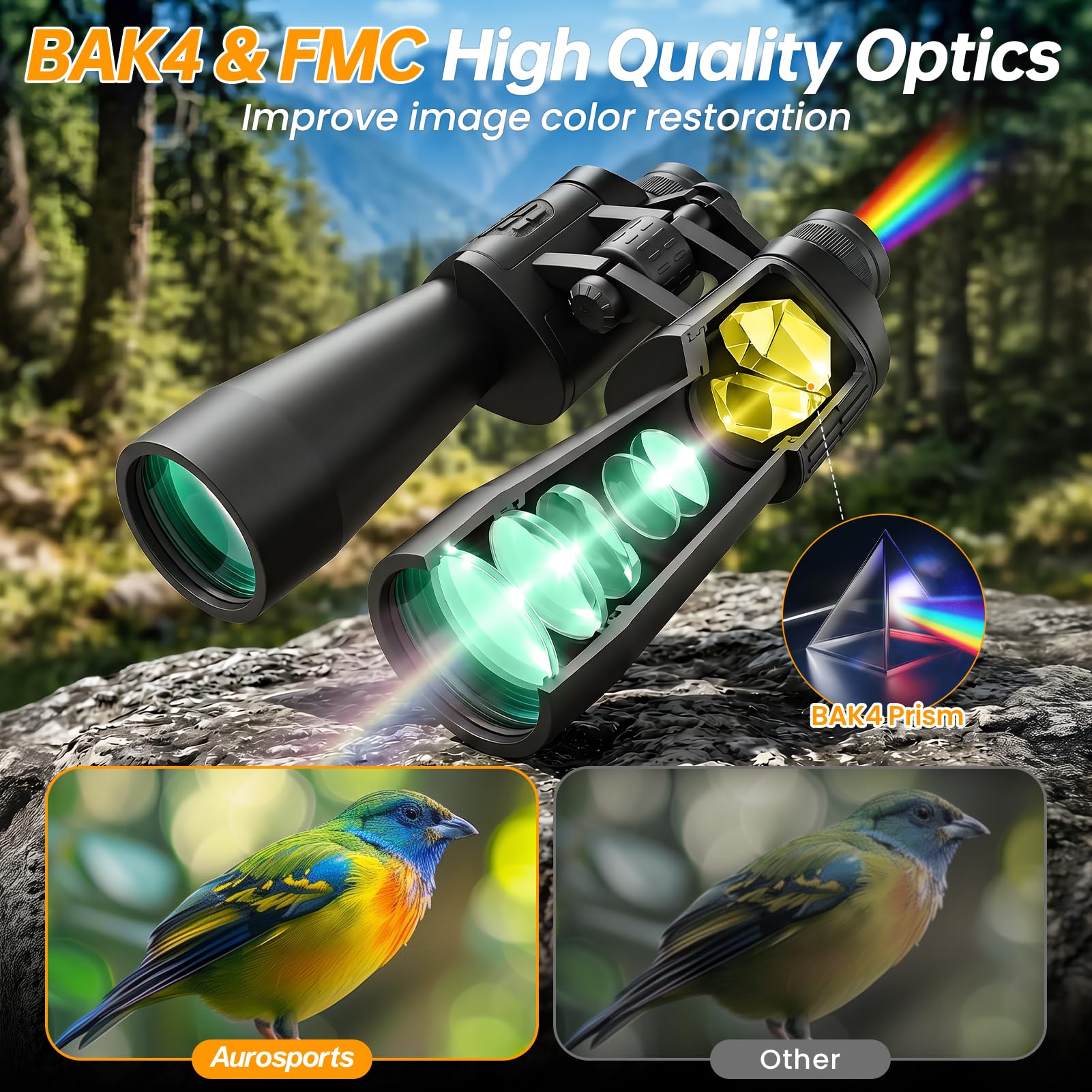 Aurosports Binocolo 20 x 70 per bird watching, ad alta potenza, per osservare le stelle, binocolo HD a lungo raggio per caccia, sport all'aria aperta, escursionismo, viaggi