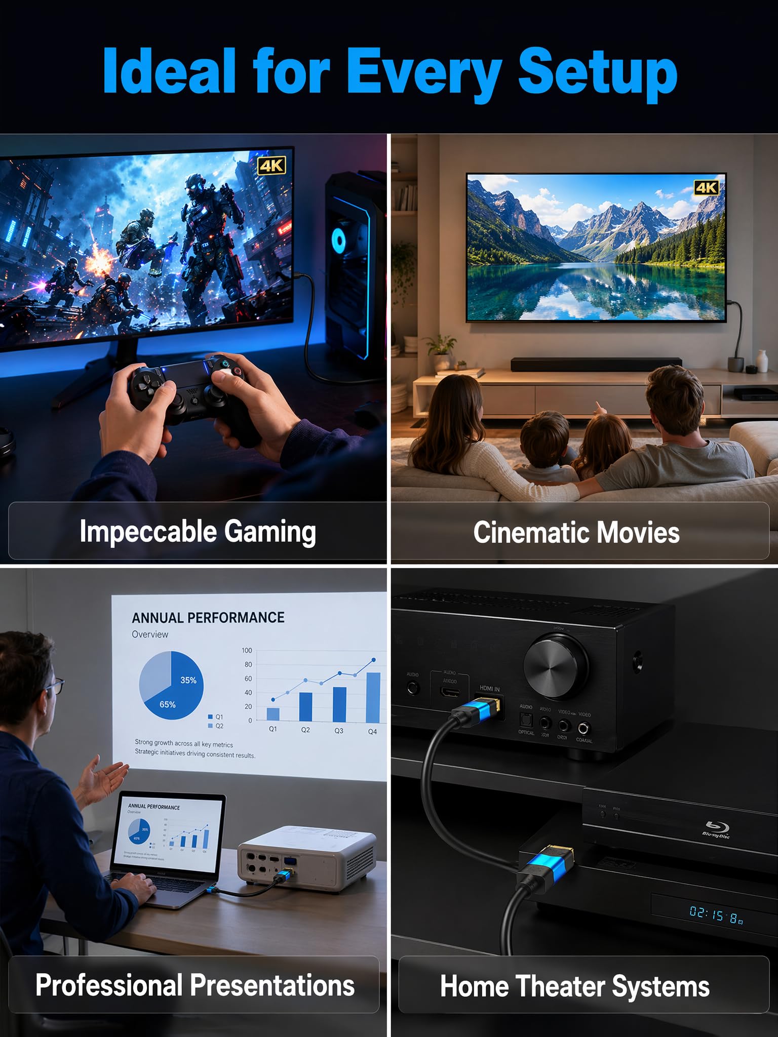 Cable HDMI largo 4K de 60 pies, cable HDMI de alta velocidad, conector dorado (azul) 4K @60Hz DTS:X, HDCP 2.2 y 2.3, HDR 10 compatible con Roku TV/PS5/HDTV/Blu-ray