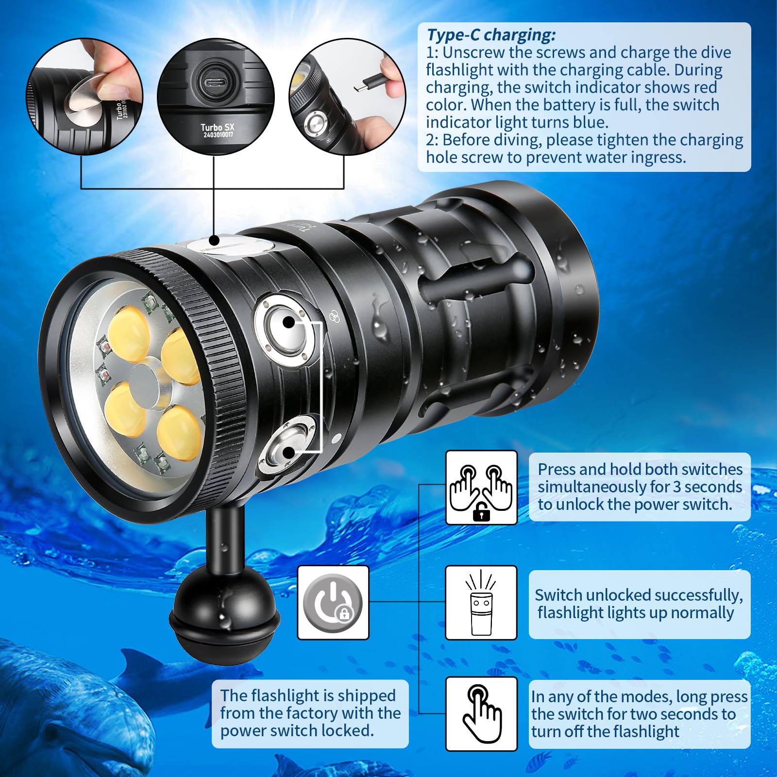 Turbo SX Unterwasser Videoleuchte 11000 Lumen - Tauchlampe 120° Weitwinkel, CRI 95, 5500K, USB-C aufladbar, wasserdicht bis 100m für Unterwasserfotografie & -videografie