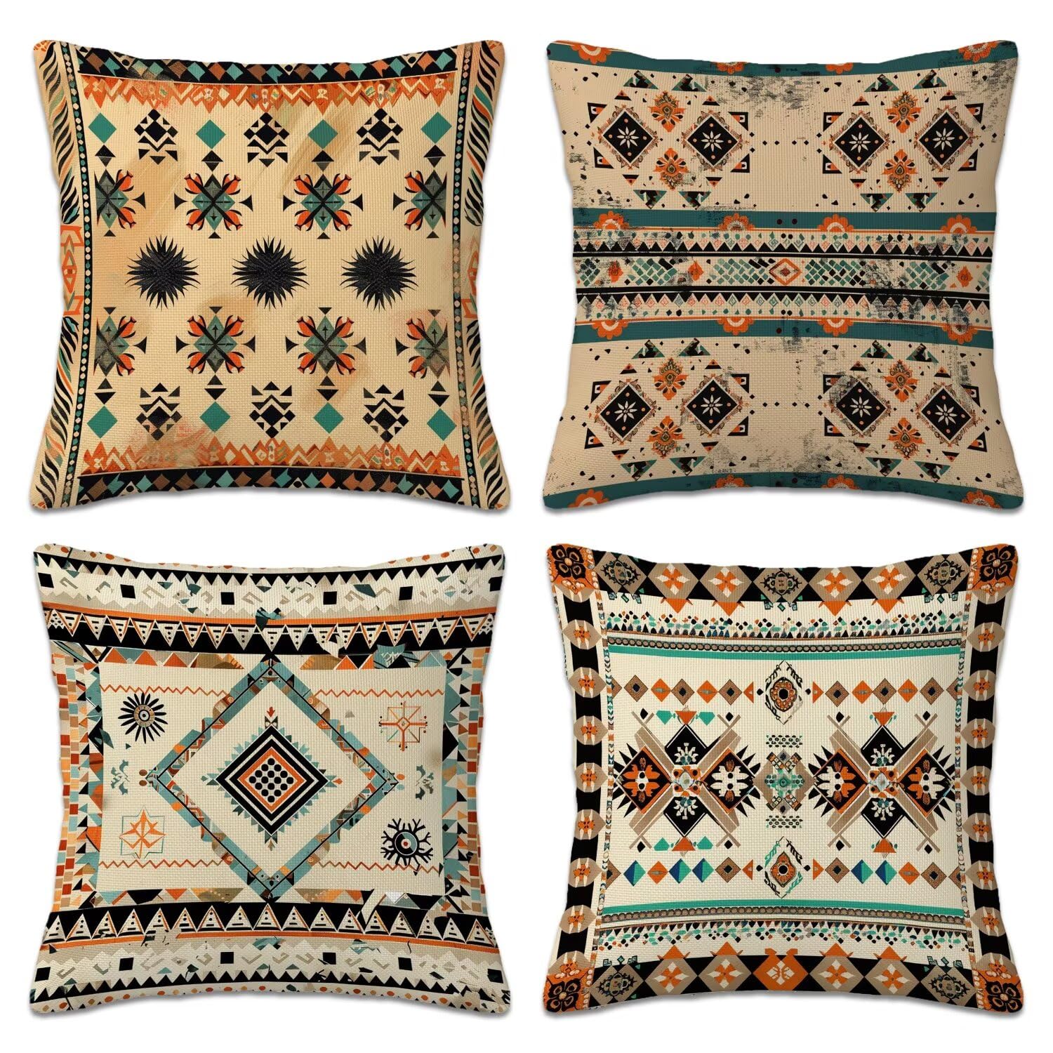 Set di 4 Federe Copricuscini 50x50 cm, Motivi Per Tappeti Federe per Cuscini Decorazioni in Lino con Cerniera Invisibile, Quadrati Impermeabile Cuscini da Esterno per Giardino Soggiorno (Boemia) L-8D