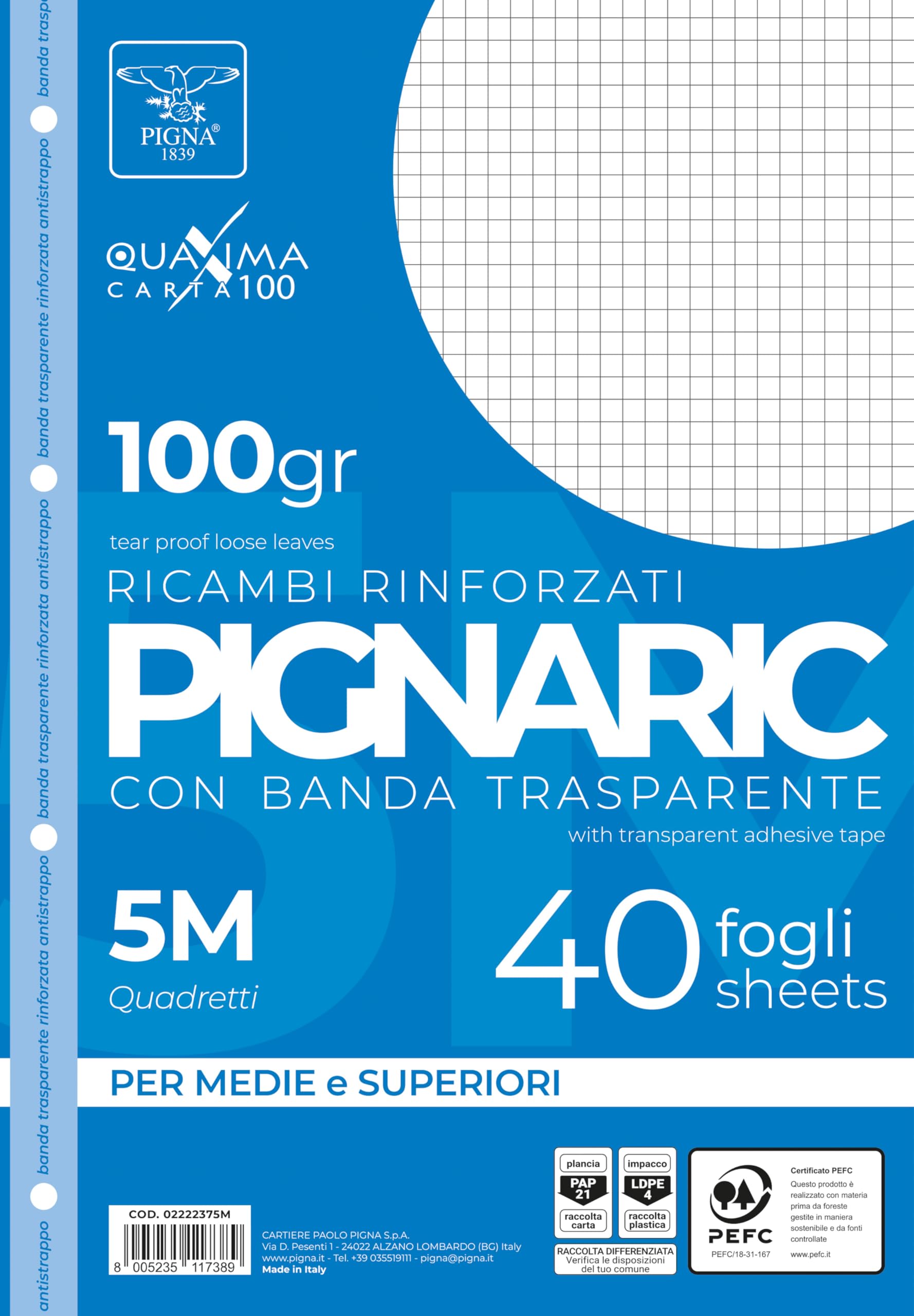 Pigna 02222375M, Replacement with Reinforced Band, 5M Strip, 5mm Squares for 2nd and 3rd Grade, 100gsm Paper, 40 Sheets Pack