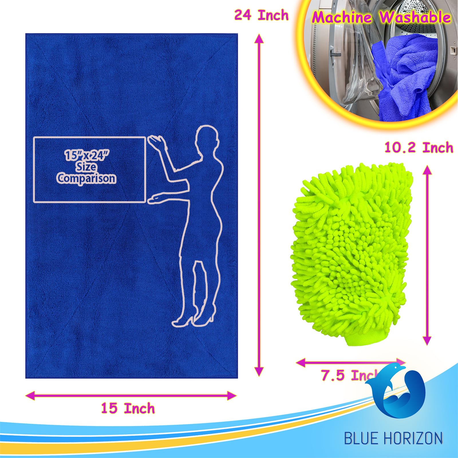 Mikrofaser-Autowaschhandschuh und großes Handtuch-Set, maschinenwaschbar, hochsaugfähiger Auto-Detaillierungsreiniger zum Trocknen, Waschen und Wachspolieren (1 grüner Handschuh, 1 blaues Handtuch)