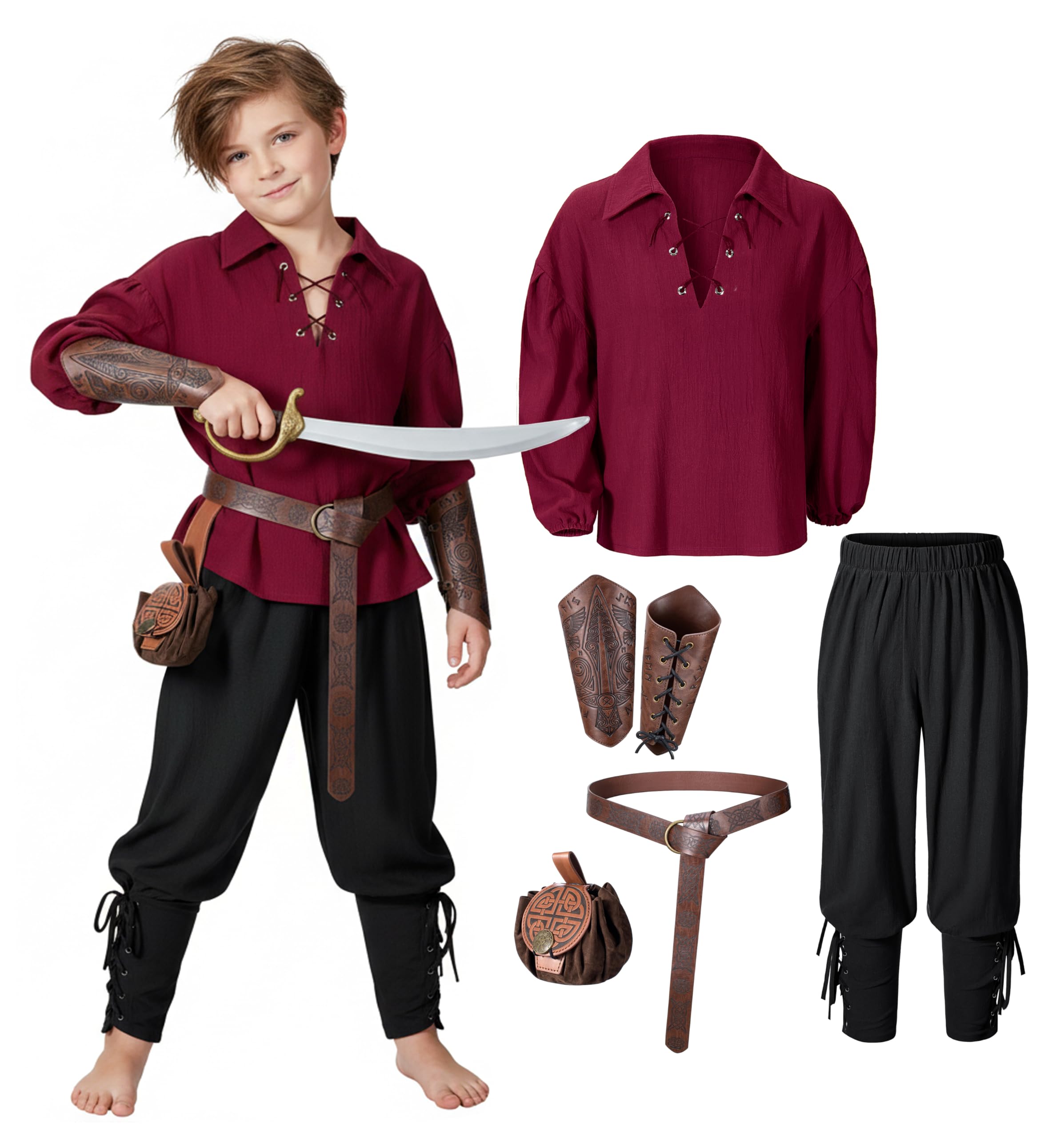 Kids Medieval Viking Pirate Renaissance Tunic Pants Accessories Costume for Boys Cosplay 3-14 Years