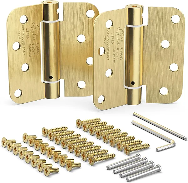 Self Closing Door Hinges, Spring Hinge Door Closer, Spring Loaded, Auto Close, 4 Inch, Automatic Closer, Auto Shut For Interior, Garage, Exterior, Adjustable Tension, 5/8” Radius Corner, Brass, 2 Pack