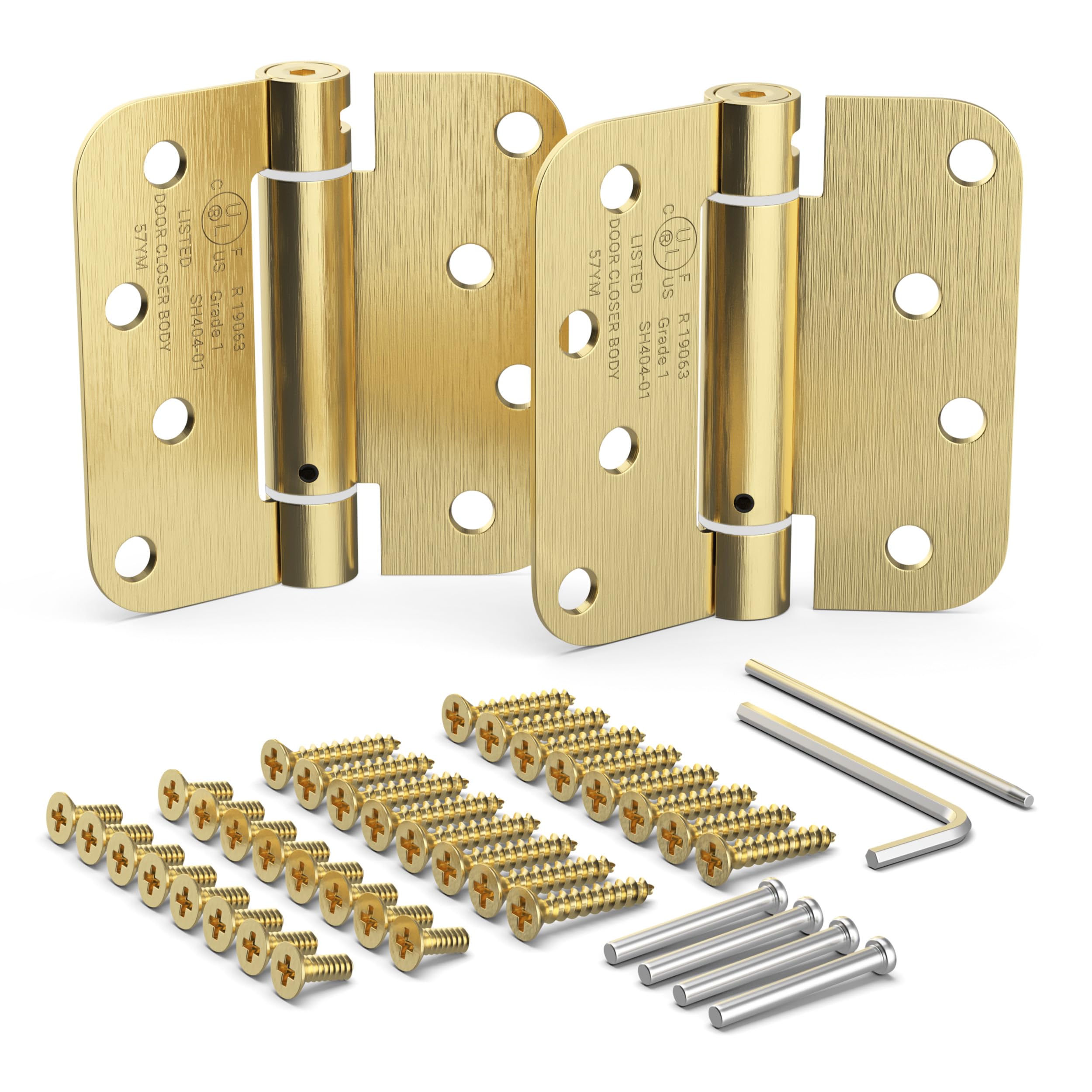 Self Closing Door Hinges, Spring Hinge Door Closer, Spring Loaded, Auto Close, 4 Inch, Automatic Closer, Auto Shut For Interior, Garage, Exterior, Adjustable Tension, 5/8” Radius Corner, Brass, 2 Pack