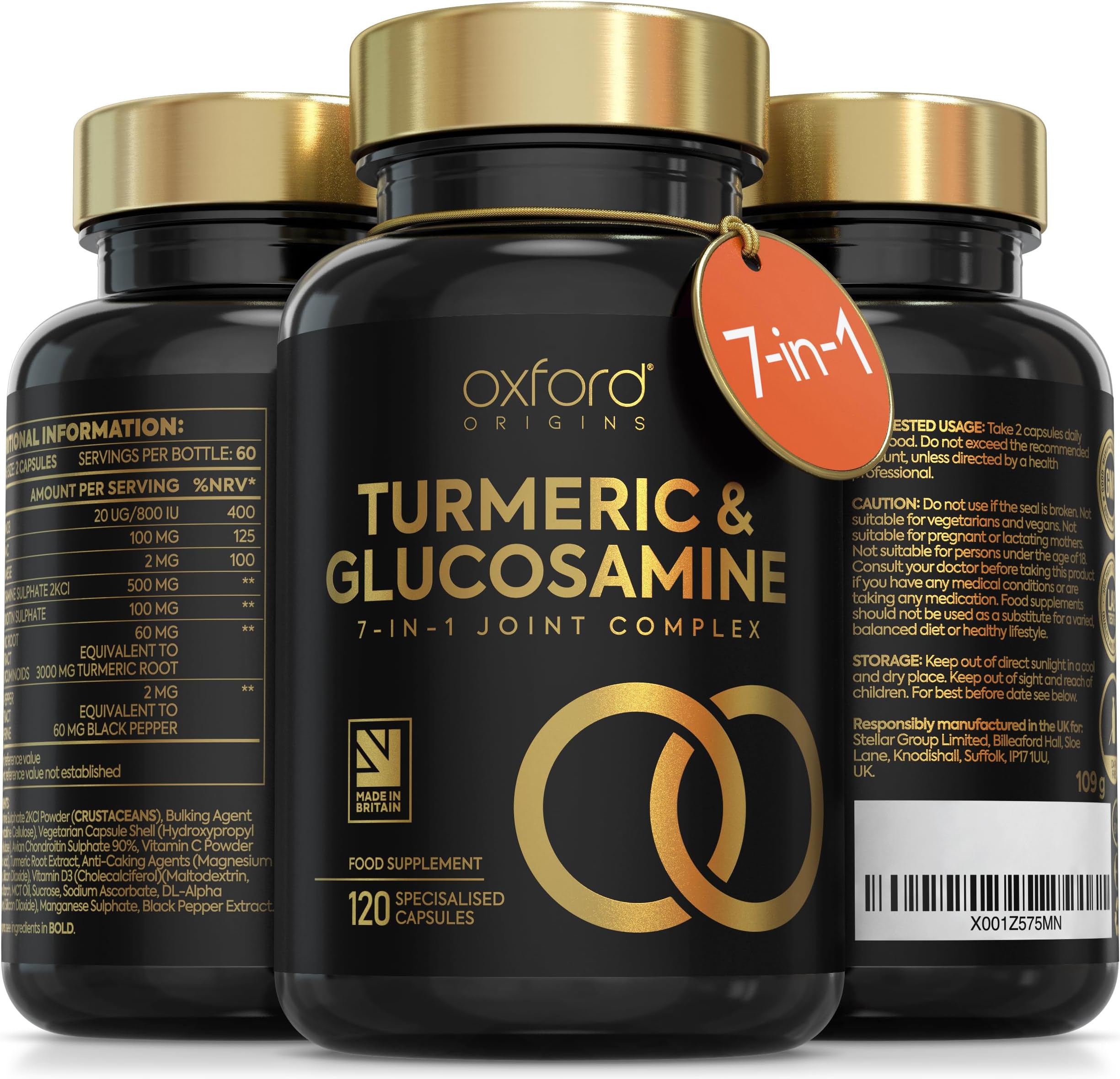 7-in-1 Turmeric and Black Pepper Capsules w/Glucosamine and Chondroitin High Strength | Made in the UK | High Absorption Tumeric Supplement | Glucosamine Sulphate & Turmeric Tablets | 120 Capsules