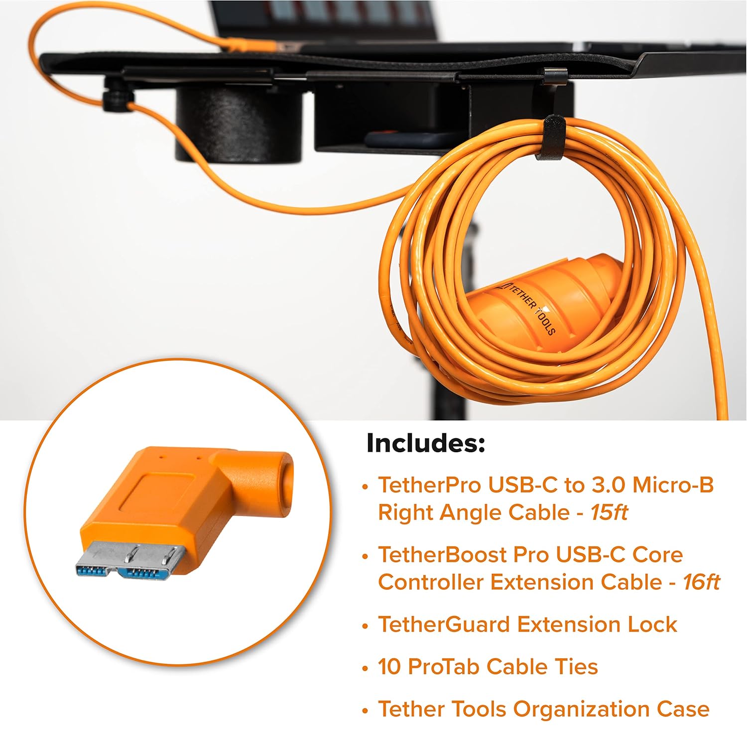 Tether Tools TetherBoost Pro 31' USB-C to Micro-B Cable, Orange - Right Angle