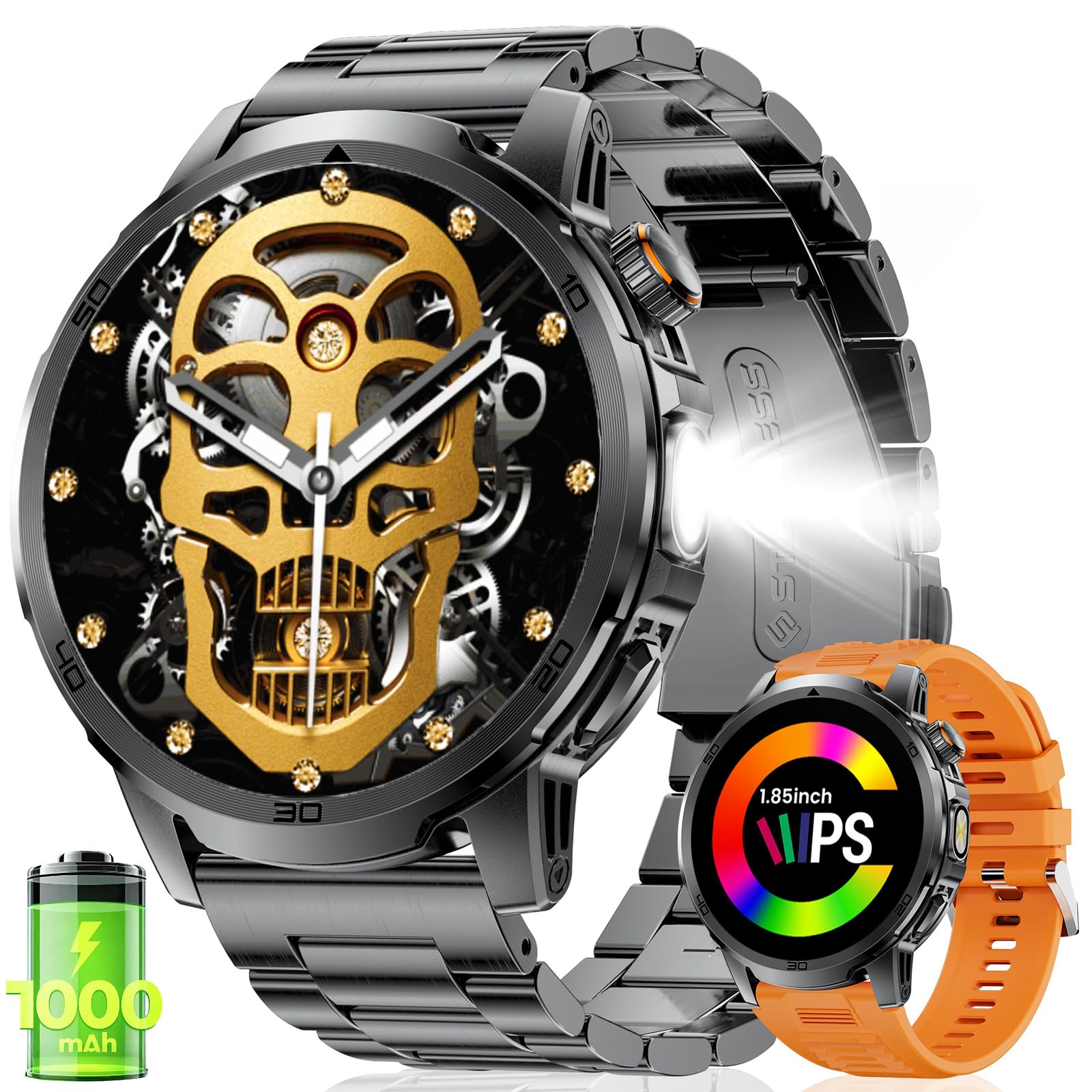 FEELNEVER Smartwatch Uomo, Smartwatch Militare Uomo Fitness con Chiamate Bluetooth,1.85" Orologio Intelligente 110+ Modalità Sportive/1000 mAh/Sonno/Torcia per Android IOS, Nero Arancione