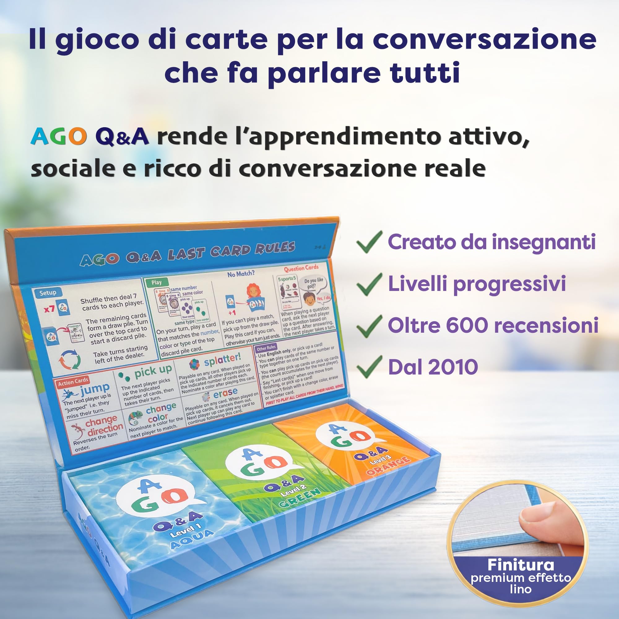 AGO Q&A Carte da Gioco per Imparare Inglese, 3 Mazzi di Domande Tematiche