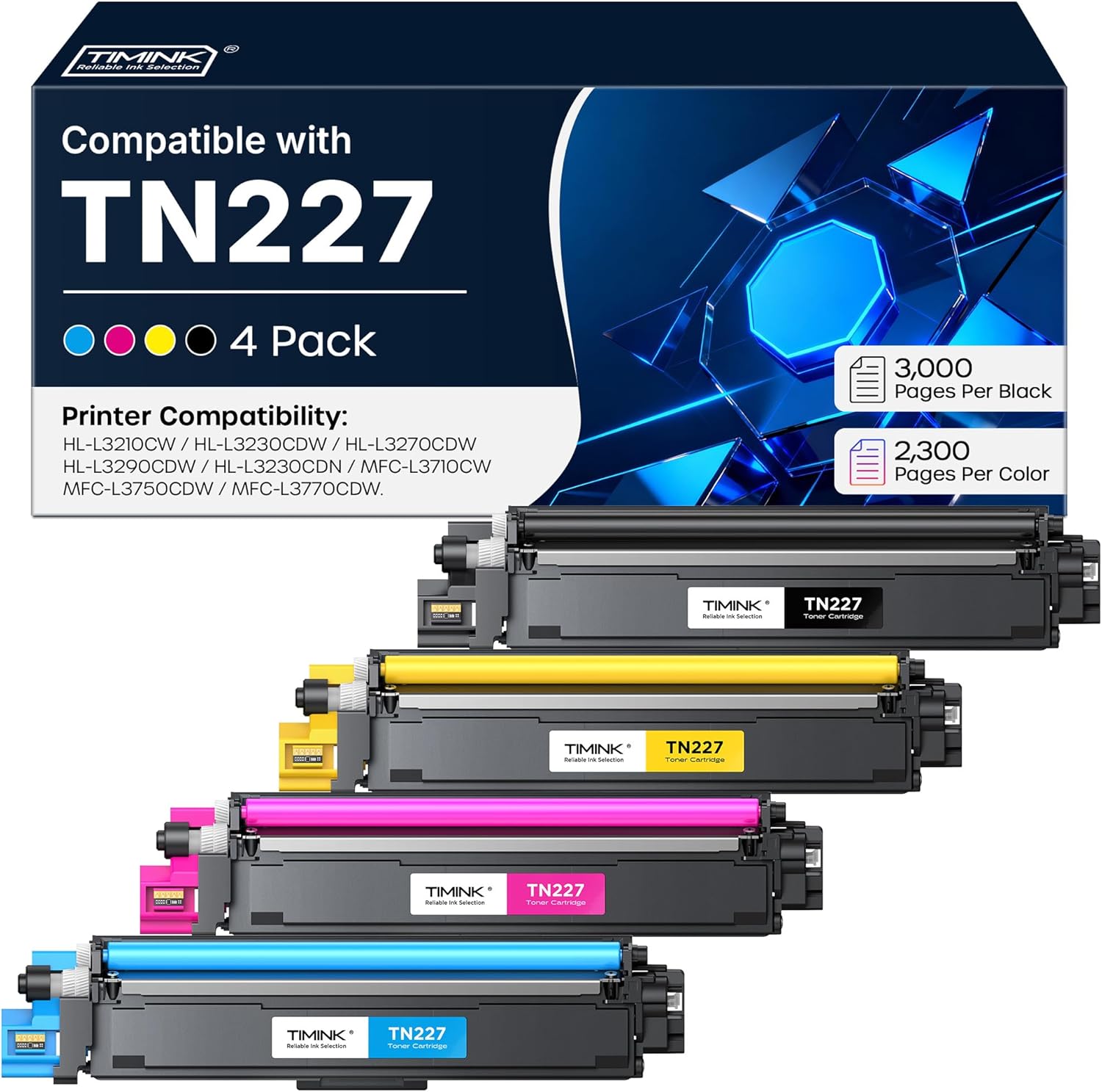 Compatible with TN227 Toner Cartridge [with CHIP] Replacement for Brother TN 227 223 TN223 | Compatible with HL-L3270CDW HL-L3290CDW MFC-L3710CDW Printer (4 Pack-TN227BK/TN227C/TN227M/TN227Y)