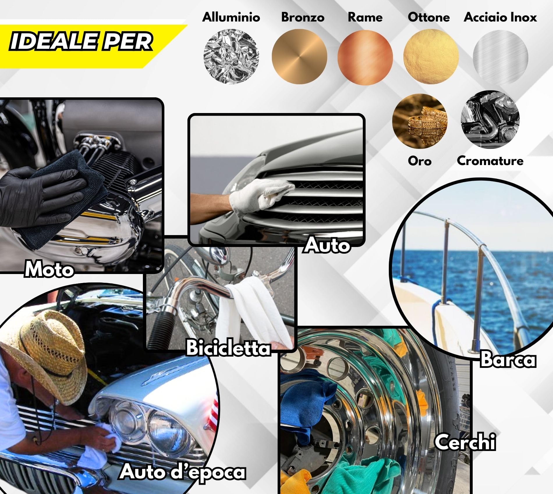 Lux Metal - Kit 5 Metal Polish Lucidante 250 gr FL-A-B-C-Z Ultra Hard/Hard/Fine/S. Fine/Ultra Fine Pasta abrasiva lucida metalli acciaio inox alluminio ottone bronzo rame auto carrozzeria moto barca