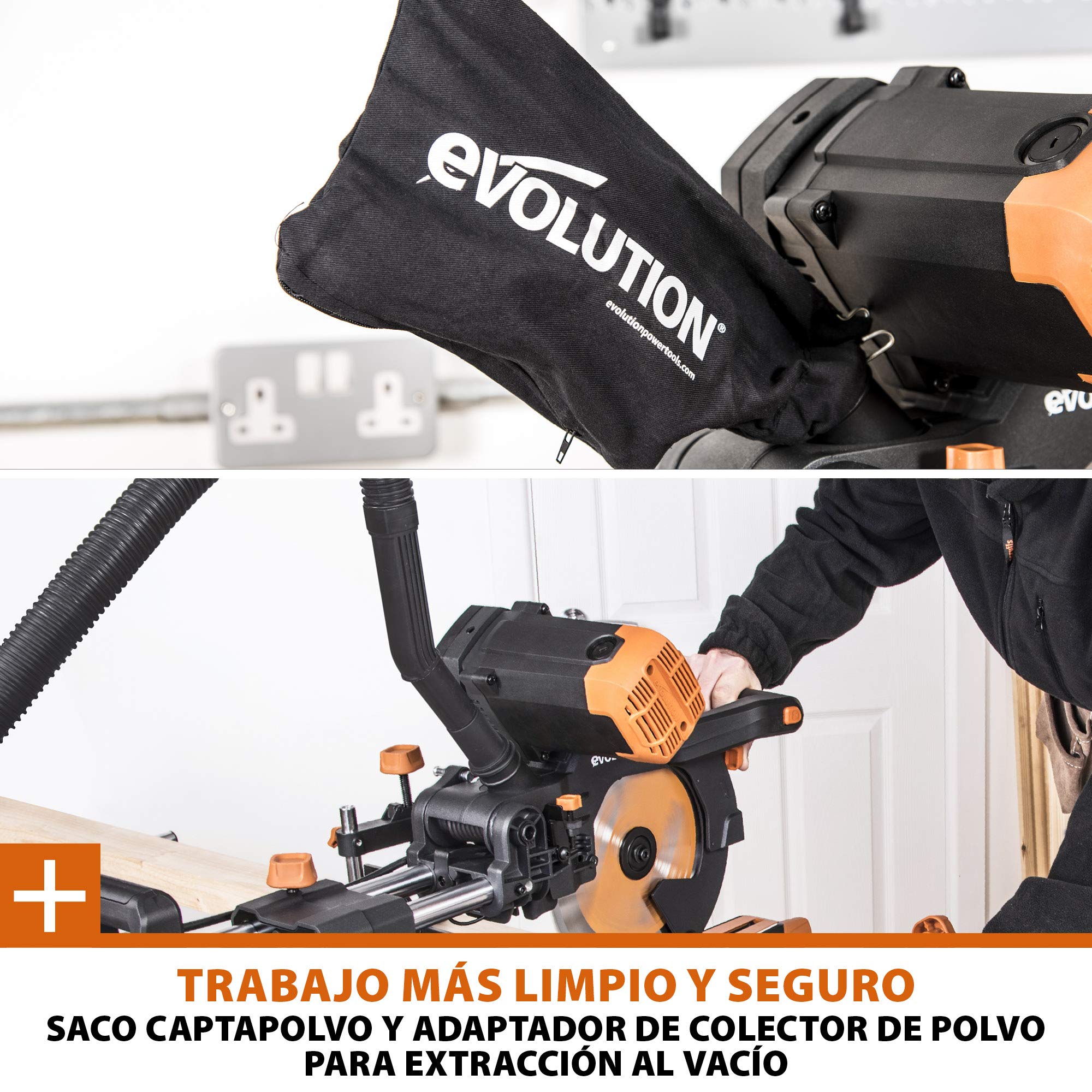 Evolution Power Tools R255SMS-DB ingletadora, Sierra ingletadora deslizante multimaterial de 255 mm, con doble bisel y paquete plus, hasta 300 mm x 90 mm, 5° a izquierda y derecha, inglete de 50°