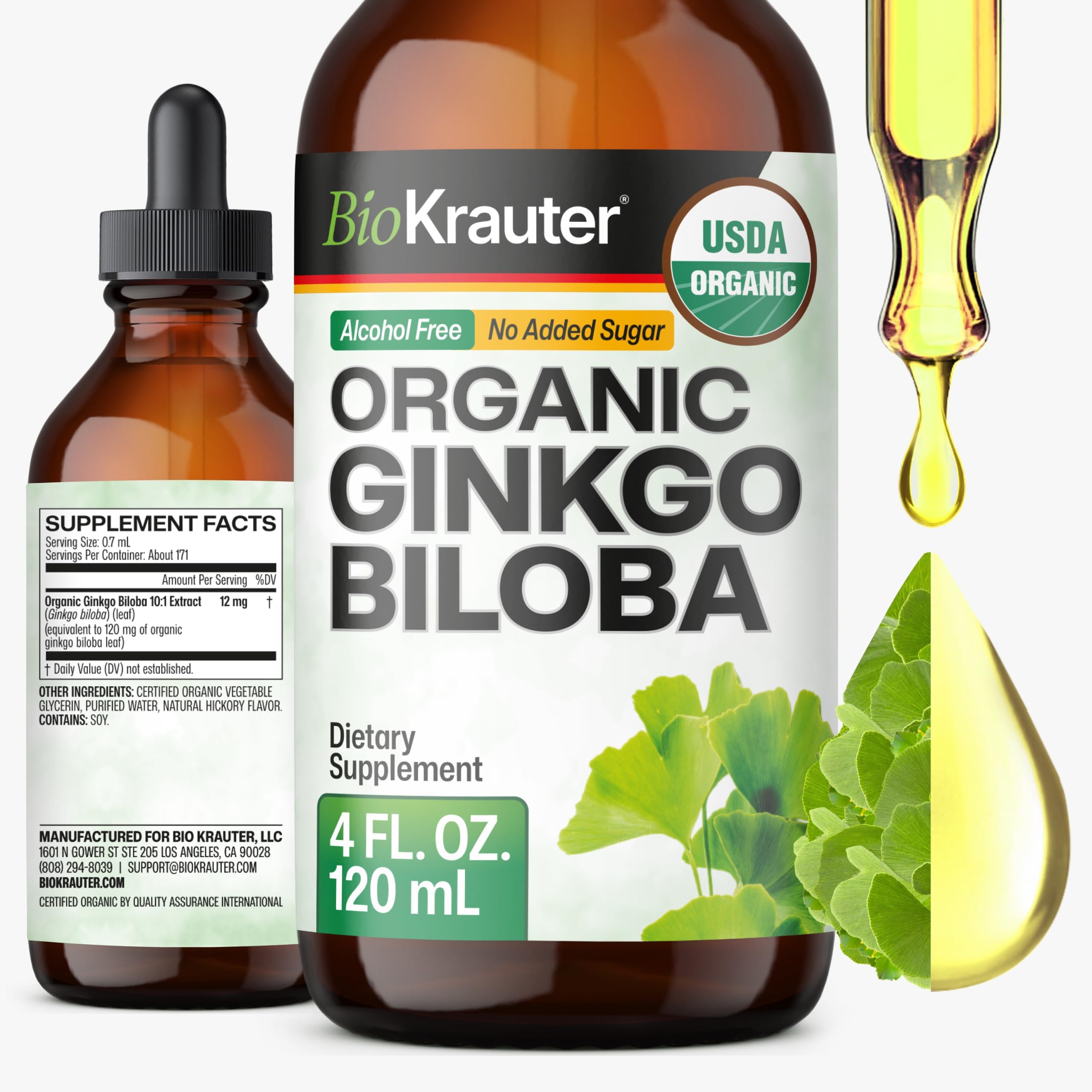 USDA Organic Ginkgo Biloba for Brain Support, Calm & Focus - 4 Fl.Oz