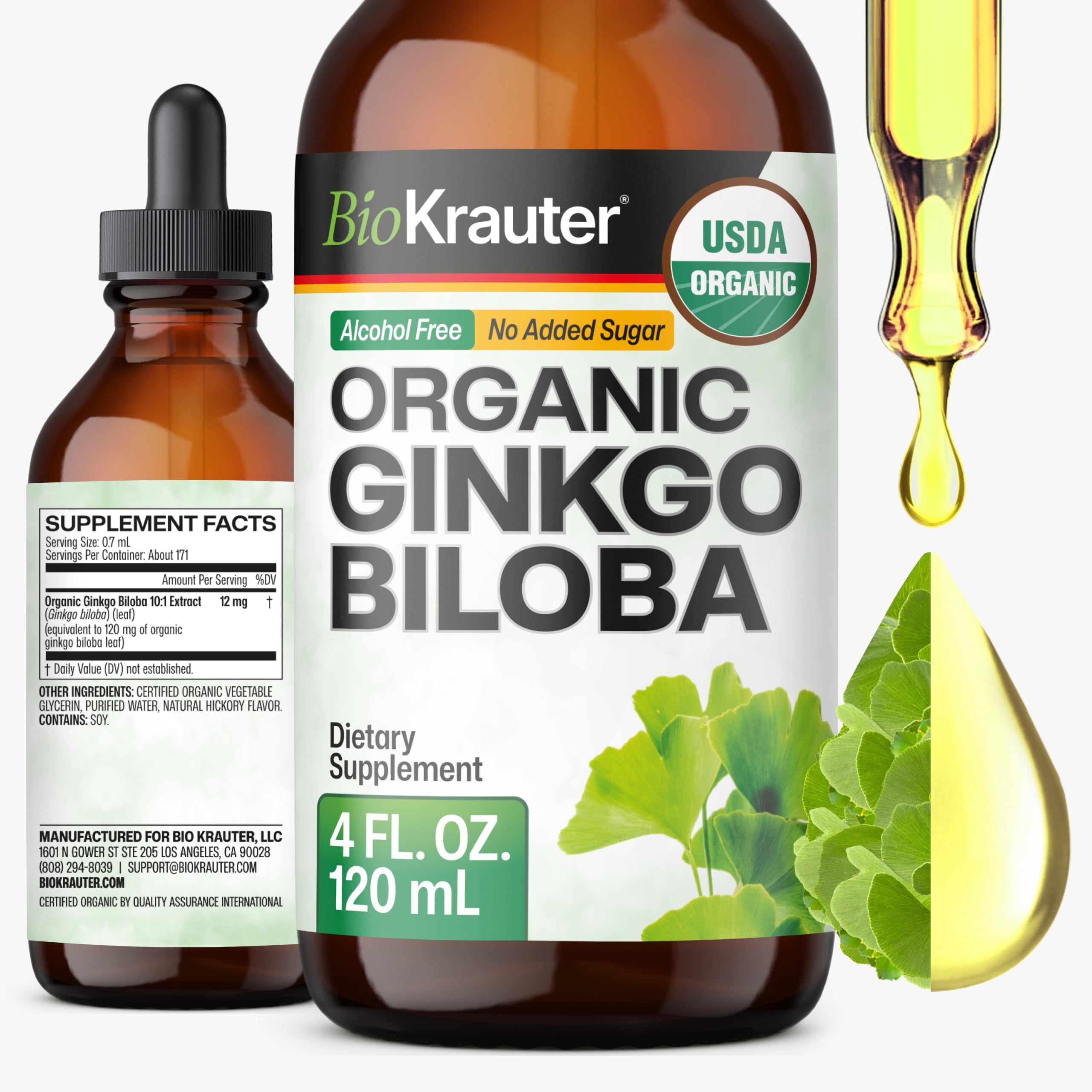 USDA Organic Ginkgo Biloba for Brain Support, Calm & Focus - 4 Fl.Oz