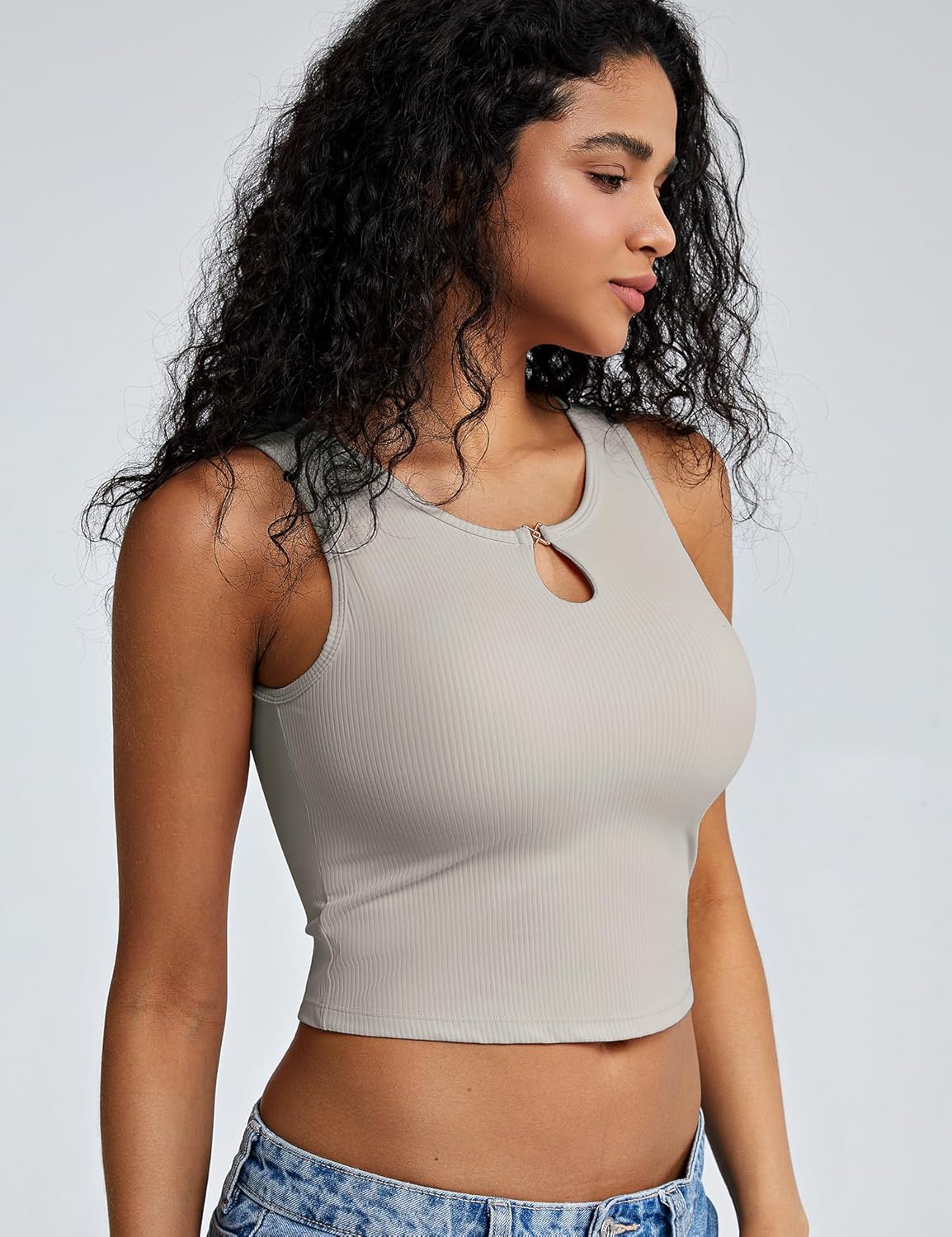 ZeroBound Built in Shelf Bra Tank Top - Keyhole Crew Neck Tank Crop Tops for Women Basics Going Out Top - Image 3