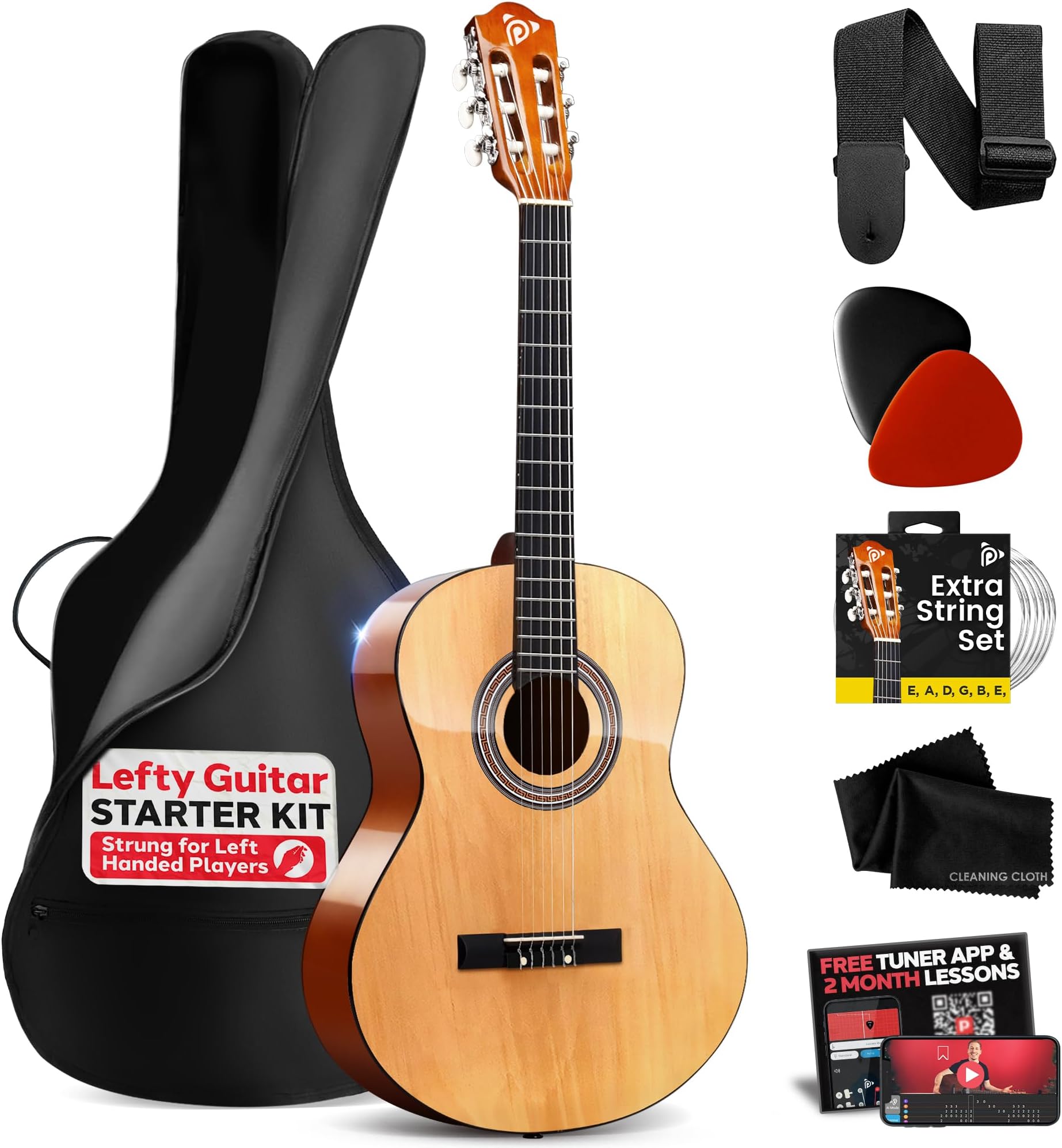 Pyle Left Handed Beginner Acoustic Guitar Kit, 3/4 Junior Size All Wood Instrument with Full Accessory Kit, Picks, Shoulder Strap, Case, Cleaning Cloth, Tuner App, 2 Month Lessons, 36” (Natural Gloss)