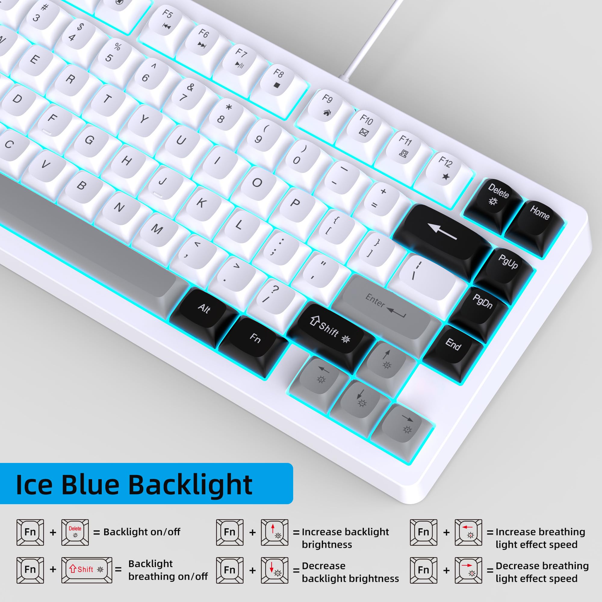Snpurdiri Combinazione di tastiera e mouse con cavo, tastiera meccanica compatta a 81 tasti, tasti rotondi retrò retroilluminati blu ghiaccio, tastiera da gioco per laptop, facile da trasportare in