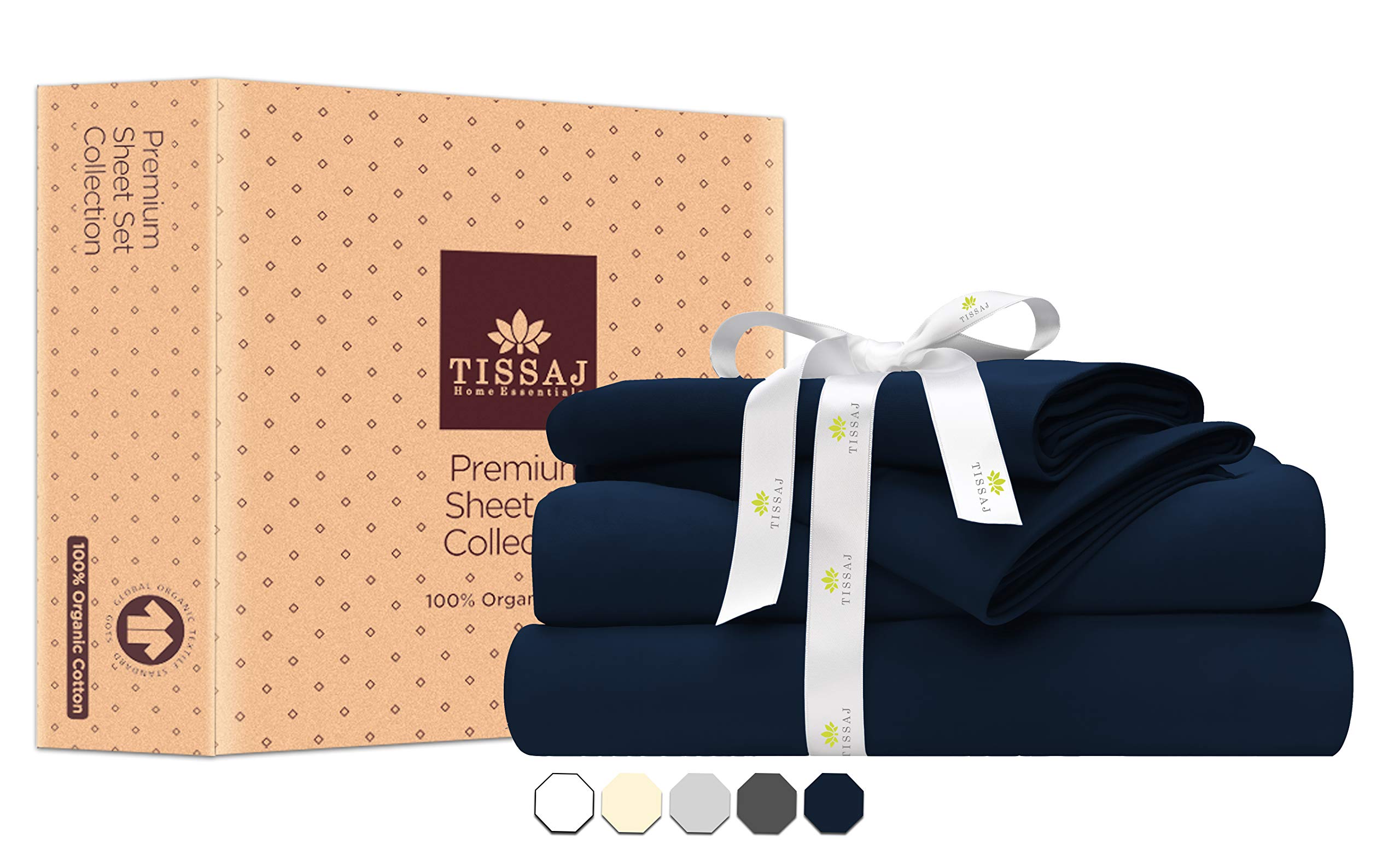 Tissaj Super King Size Bed Sheets Set - Navy Blue Color - 100% GOTS Certified Organic Cotton - 300 TC - 4 Piece Bedding - 2 Pillow Cases, Flat Sheet & Fitted Sheet with 16 Inch Deep Pocket