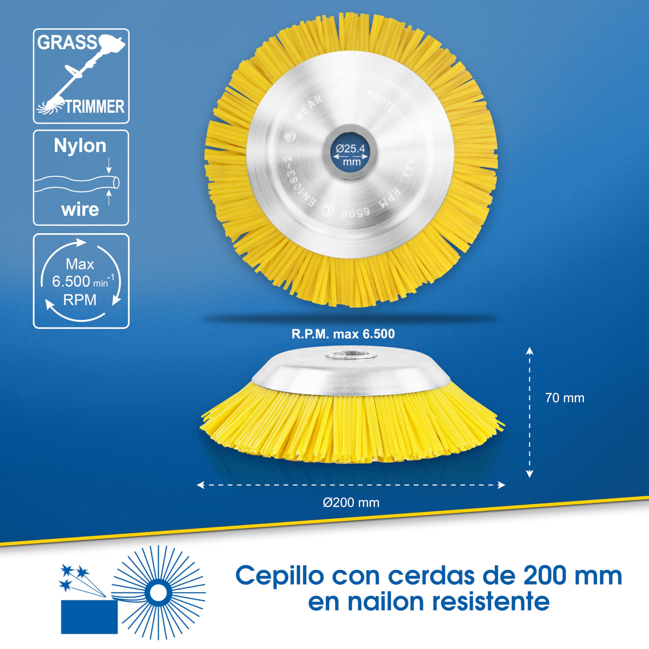 S&R Cepillo Desbrazadora para Malas Hierbas - Cabezal Desbrazador Cortacesped en Nylon 200 x 25,4 mm - Amarillo