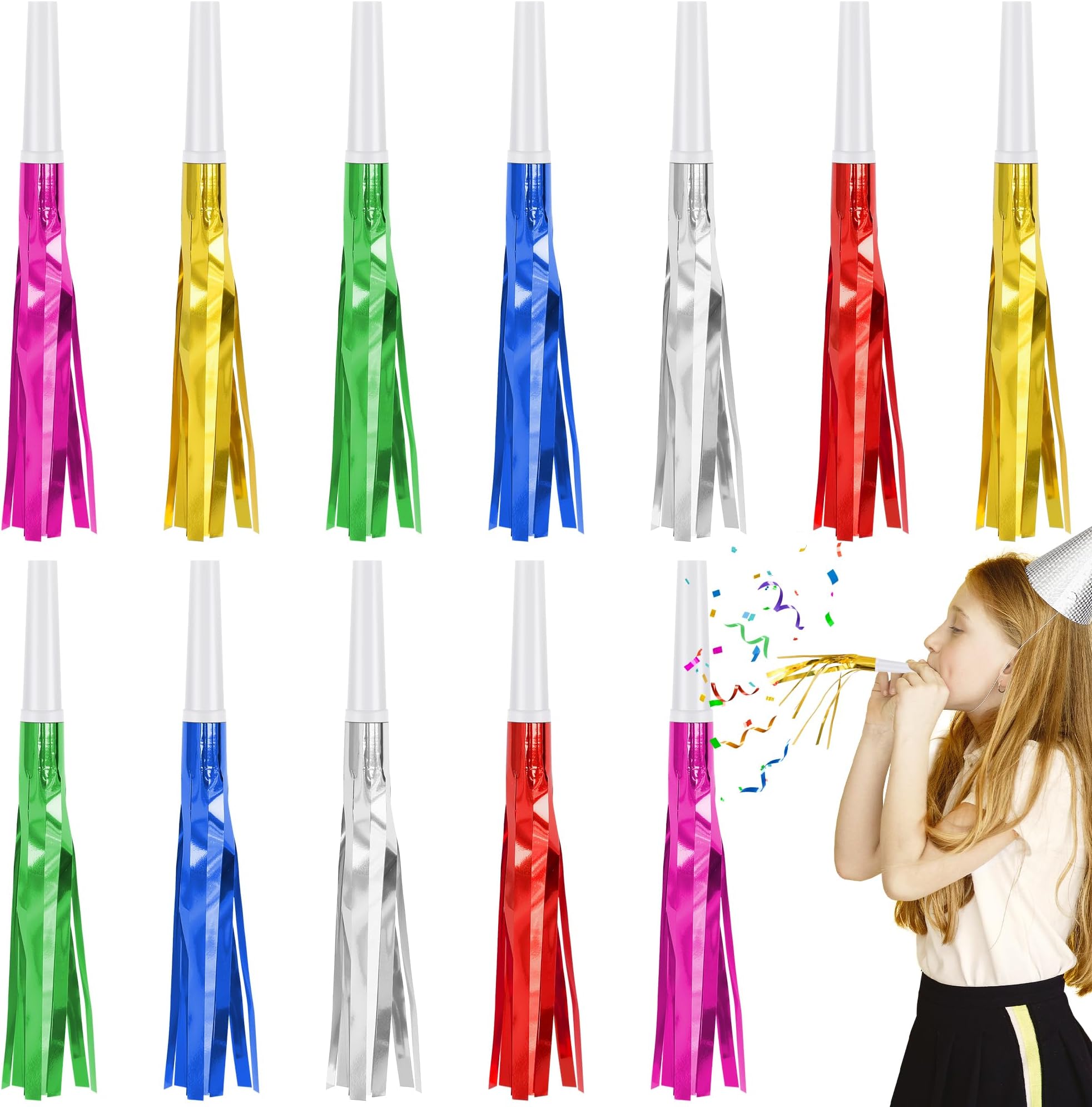 - 12 Pcs Glitter Noise Makers Metallic Fringed Party Blower for Adults Birthday Graduation New Years Party Favors Supplies (Colorful)