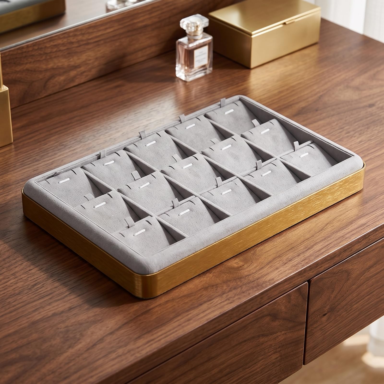 Plateau à Bijoux Coussiné , Gris Clair , Plateau À Bagues Avec Barrettes