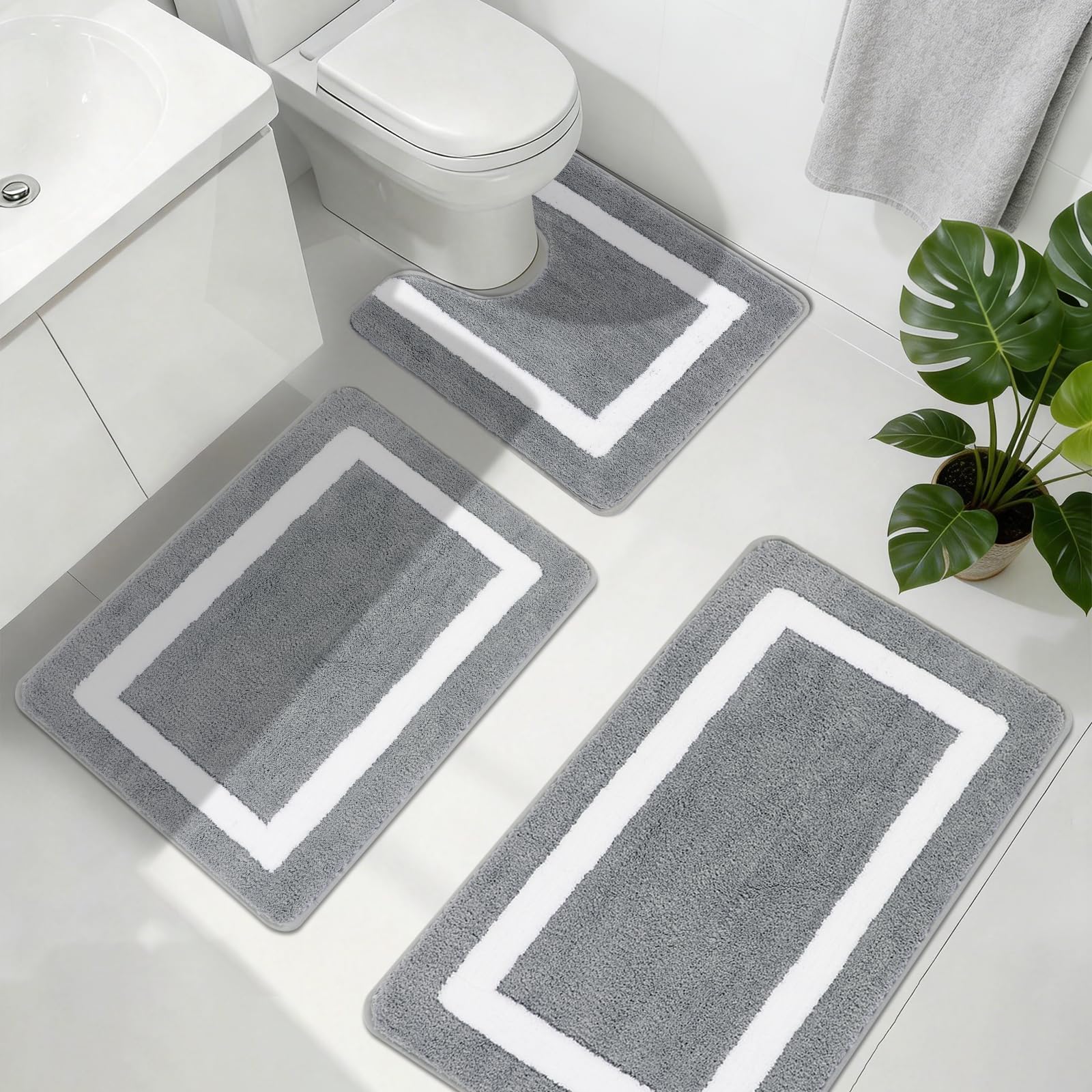 Famibay Set di 3 tappetini da bagno antiscivolo e super assorbenti, lavabili in lavatrice, in microfibra