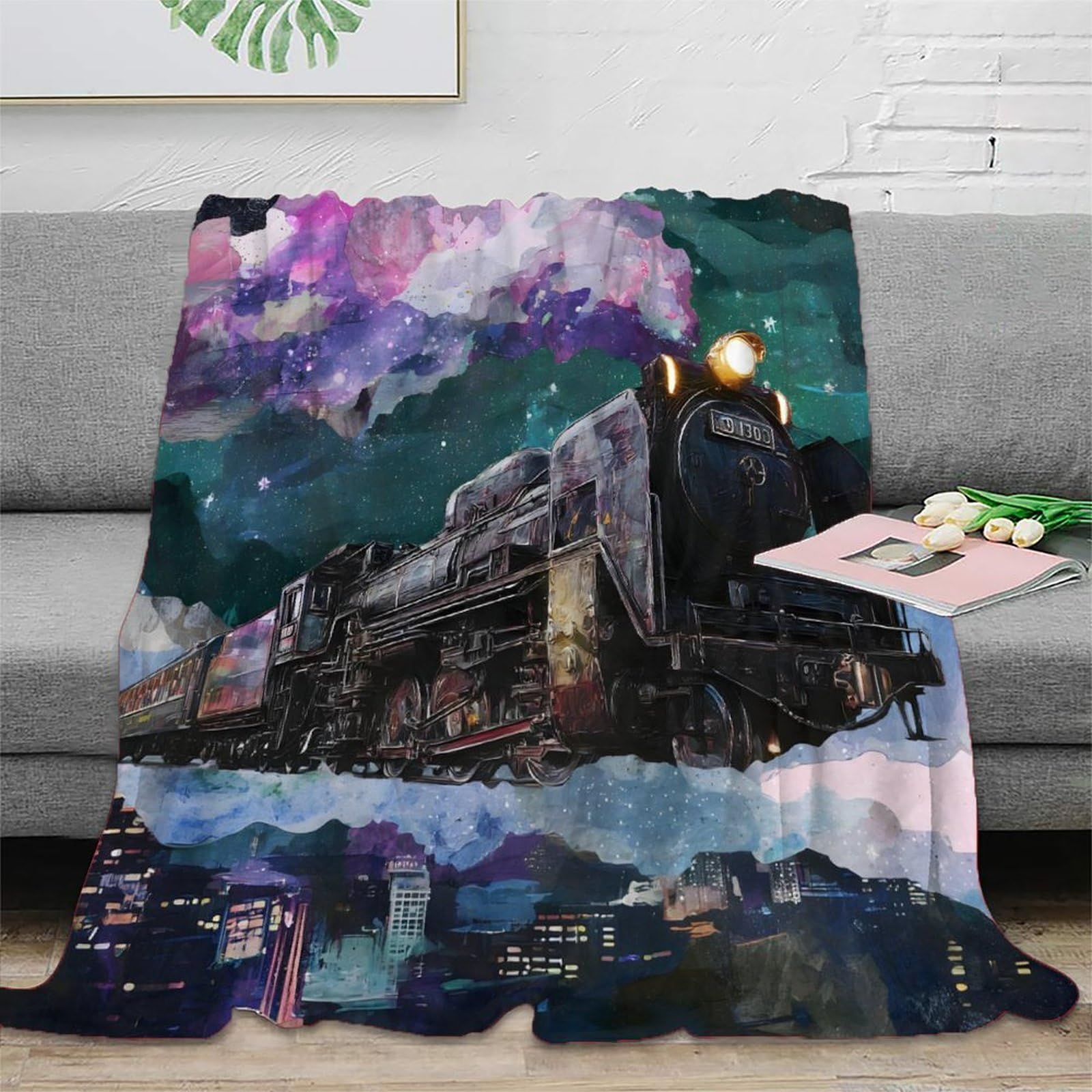 3D Gedruckte Sci-Fi Weltraum Galaxie Illustration Flanelldecke, Fliegende Dampflokomotive Weicher Plüsch Deko Decke Für Couch, 80x90inch(200x230cm)