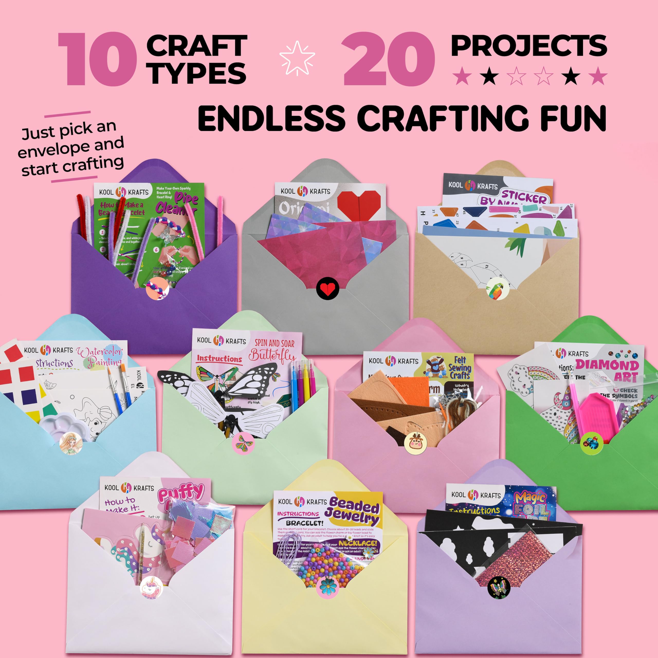 20 Kunst- & Bastelset für Mädchen - Die Überraschungs-Bastelbox, All-Inclusive-DIY-Bastelset mit 20 lustigen Projekten, einzeln verpackt, einfache Schritt-für-Schritt-Anleitung, kreatives