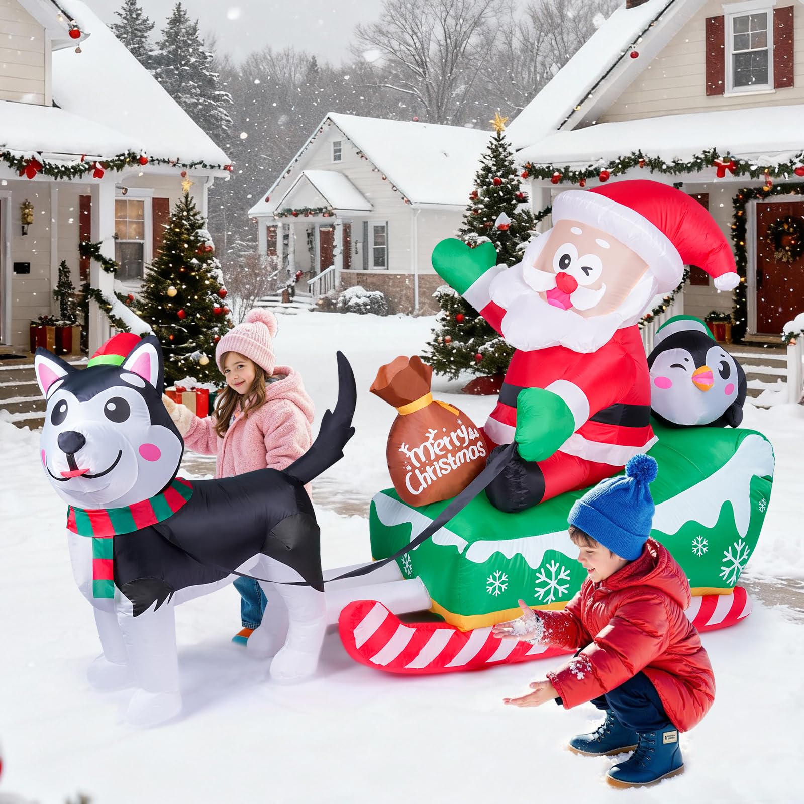 Meland Décoration de Noël gonflable, Père Noël sur le traîneau avec chien avec lumières intégrées