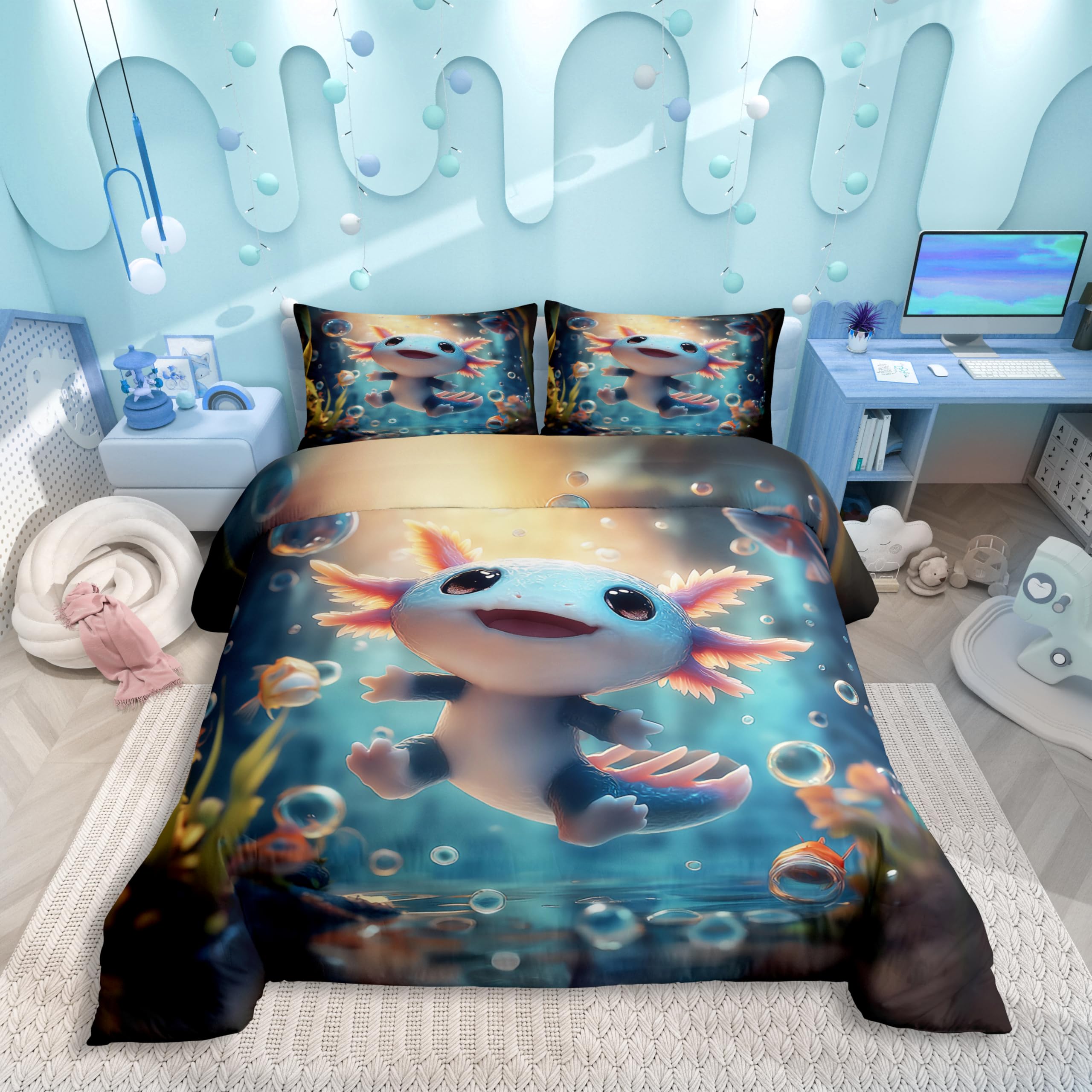 Housse de couette Axolotl 155x220 cm avec taie d'oreiller pour lit d'enfant