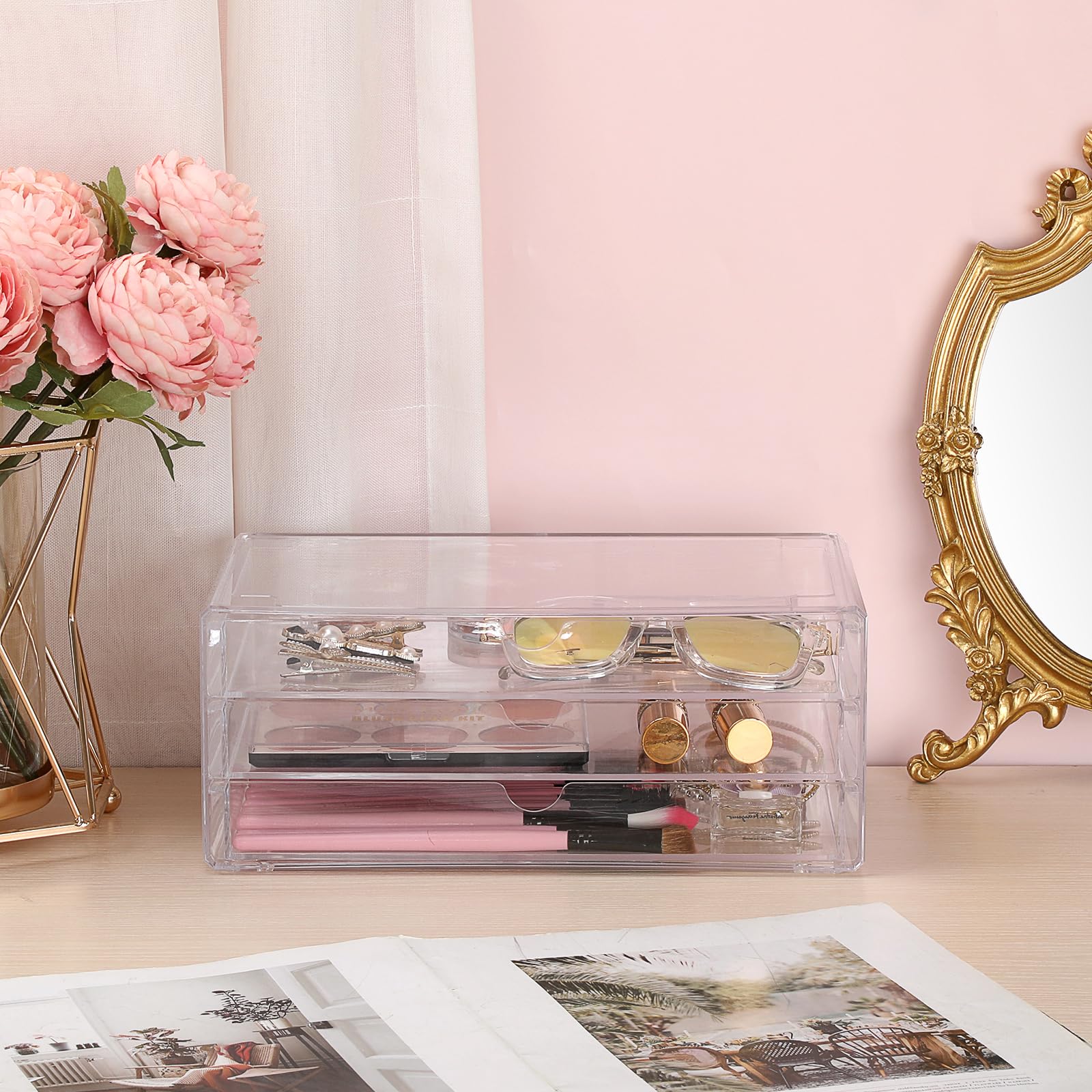 Tiroirs de rangement en acrylique avec 3 tiroirs, organiseur de bureau empilable pour stylos