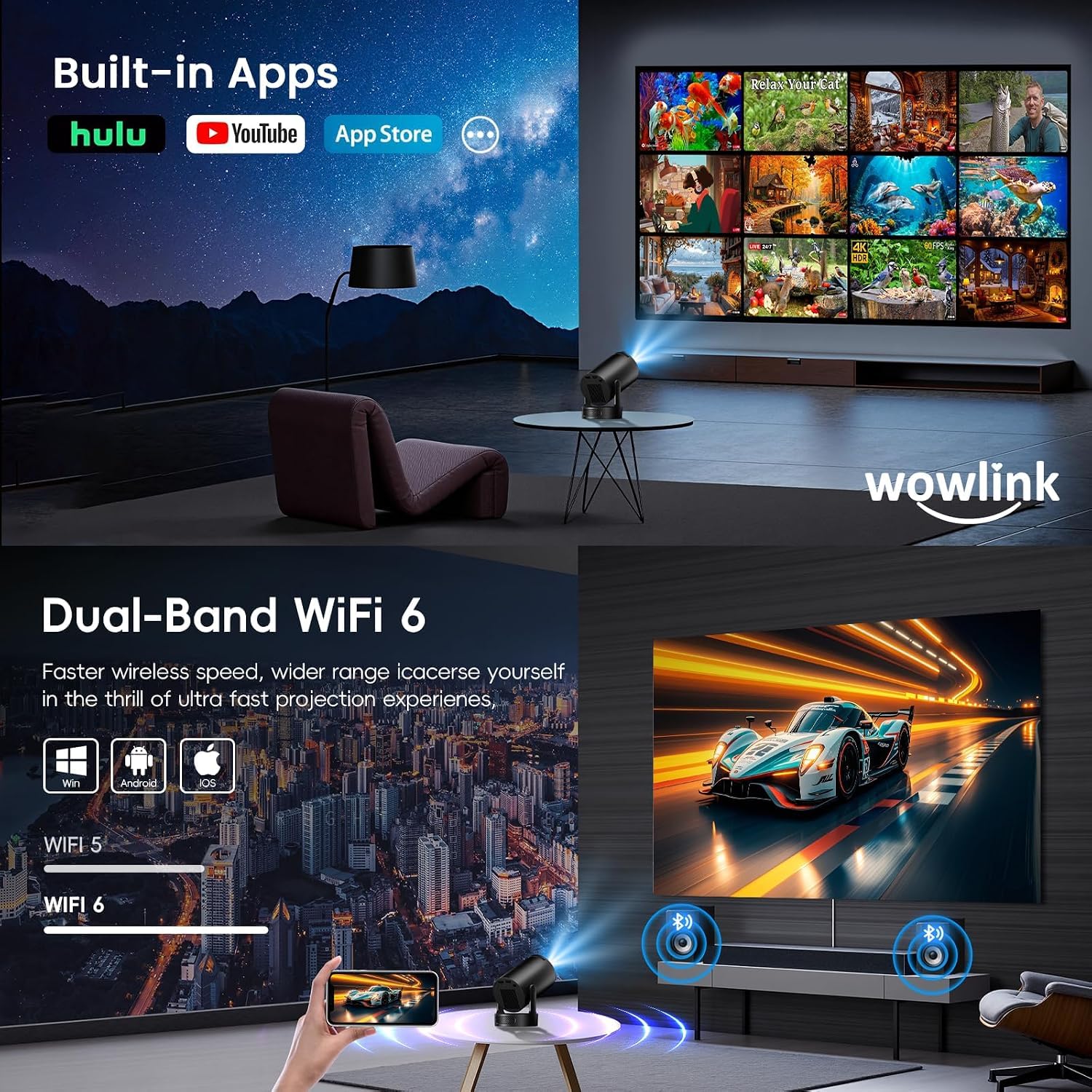 [Apps intégrées & 2026 Upgraded] Vidéoprojecteur avec WiFi 6 et Bluetooth