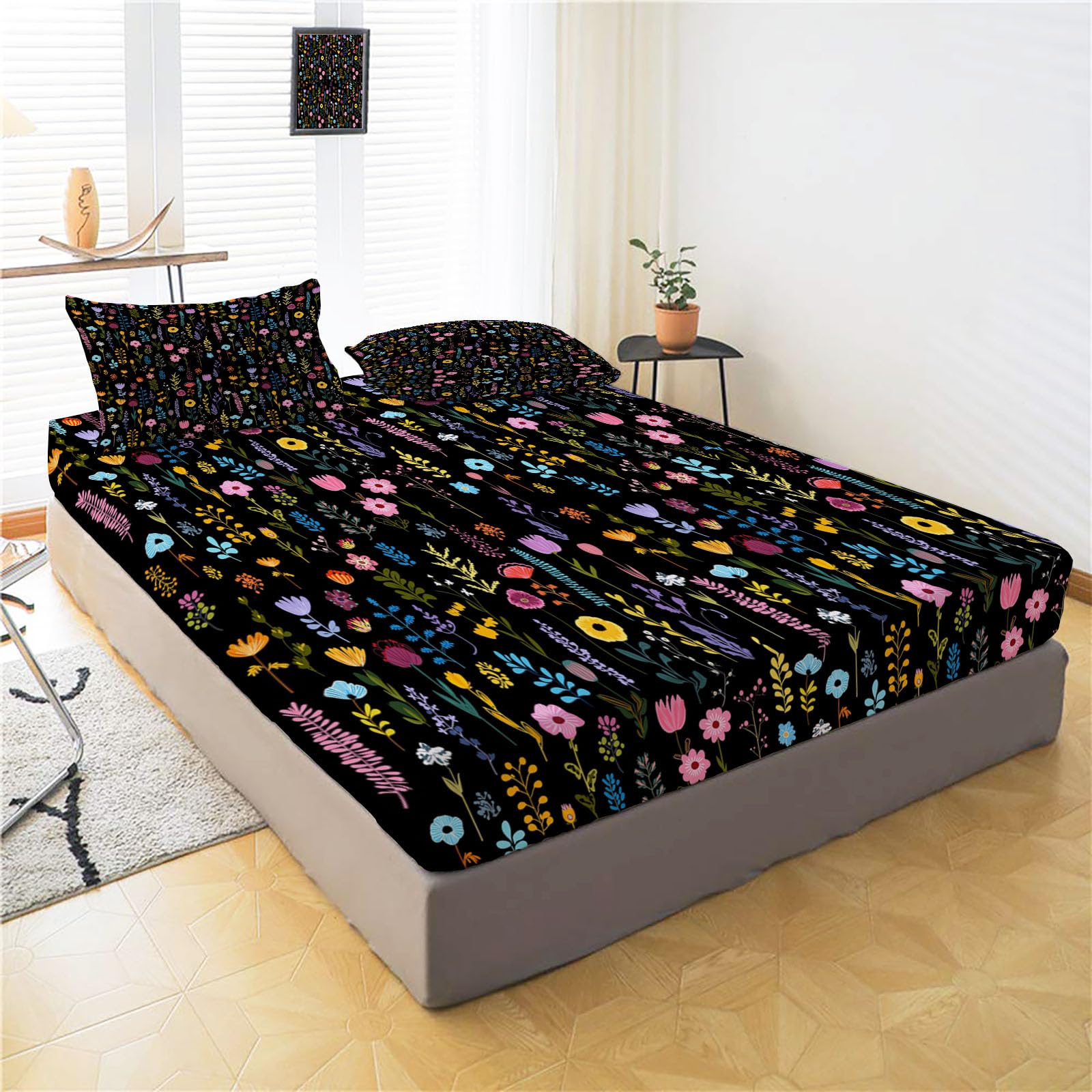 Sábanas 200X190/200Cm - Juego De Sábanas 3 Piezas Estampadas Dibujos Florales - Microfibra Suave Transpirable - Sábana Bajera Ajustable - Ropa De Cama Lindo Grafiti (Tinta Negra)