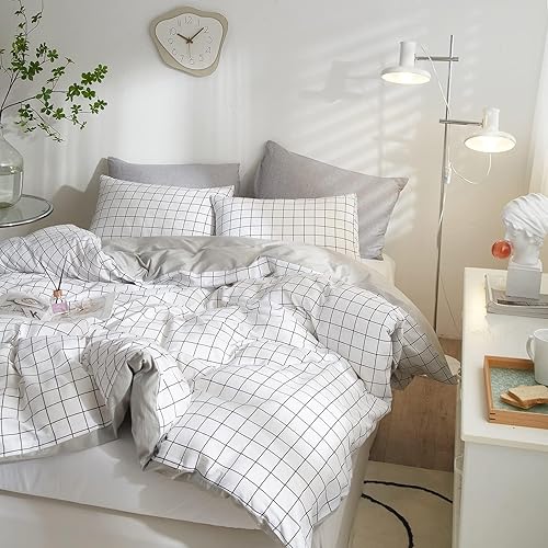 Miniatura 4 de VClife Funda de edredón de algodón individual XL, juego de ropa de cama a cuadros tamaño individual XL, estilo simple, blanco y gris, funda de