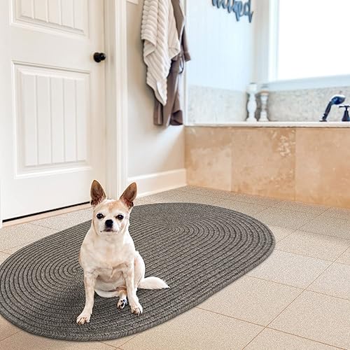 Alfombra ovalada trenzada gris pizarra de 20 x 30 pulgadas, lavable para interiores y exteriores, decoración campestre para cocinas y entradas,