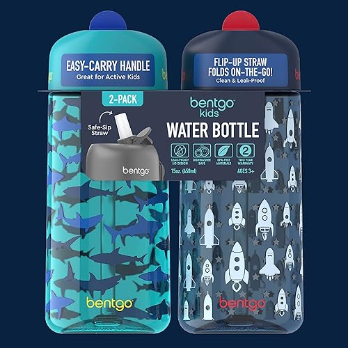 Miniatura 8 de Bentgo Botella de agua para niños, paquete de 2 unidades, a prueba de fugas, Tritan duradera, sin BPA, taza de 15 onzas para niños pequeños a partir