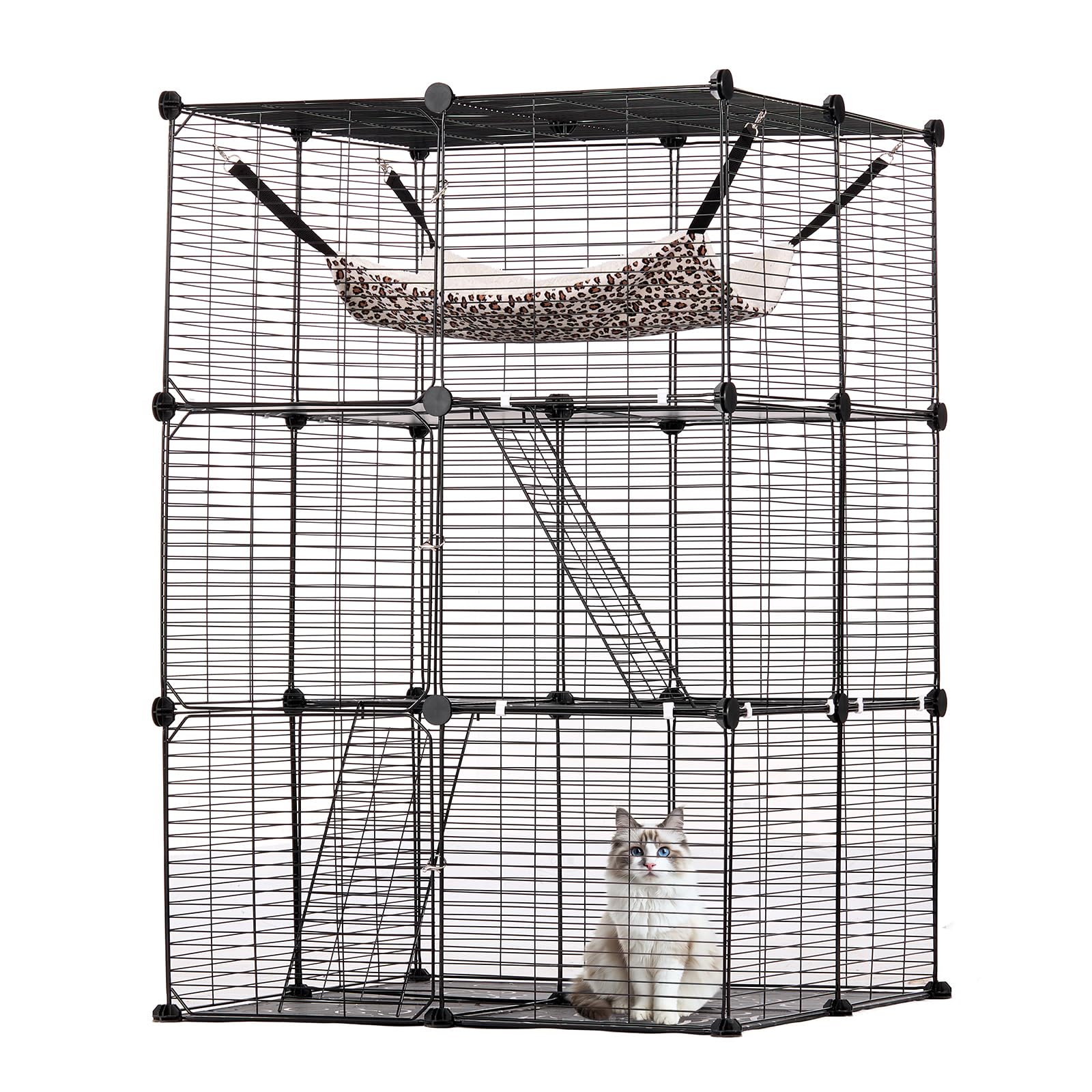 VEVOR Large Cat Cage 3 Levels 711 x 711 x 1041 mm, Durable Detachable Metal Wire Enclosure with Large Hammock and 2 Stairs with Ramp for Cats and Other Small Animals, Black