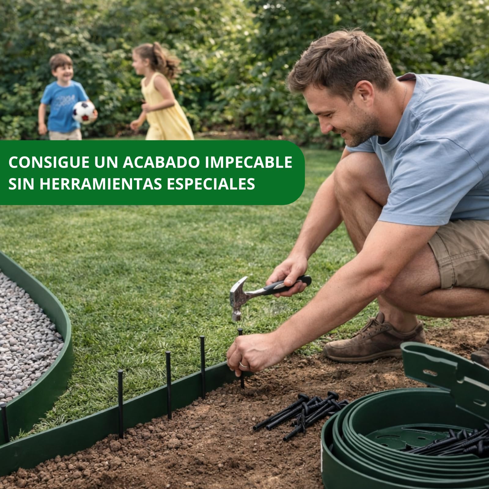 PLANTAWA Borde para Césped Artificial Verde 10m, 30 piquetas | Delimitación y Fijación del Perímetro, Contención de Materiales y Acabado Profesional | Flexible, Discreto y Resistente para Jardín
