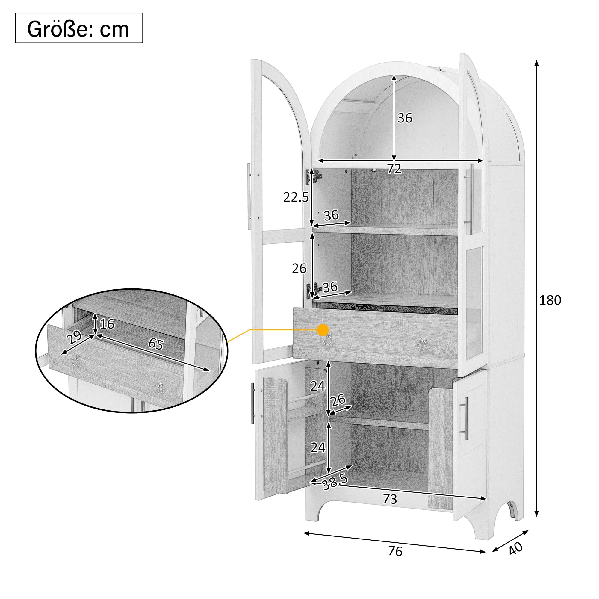 Mobiletto alto con vetro scanalato, ripiani regolabili, cassetto, armadietto da cucina con grande capienza, ideale per sala da pranzo, soggiorno, cucina, bianco