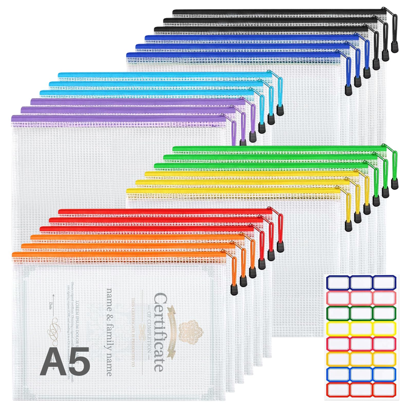 WenYa A5 Plastic Zip Wallets, 24Pcs Mesh File Folder Zipper Bags