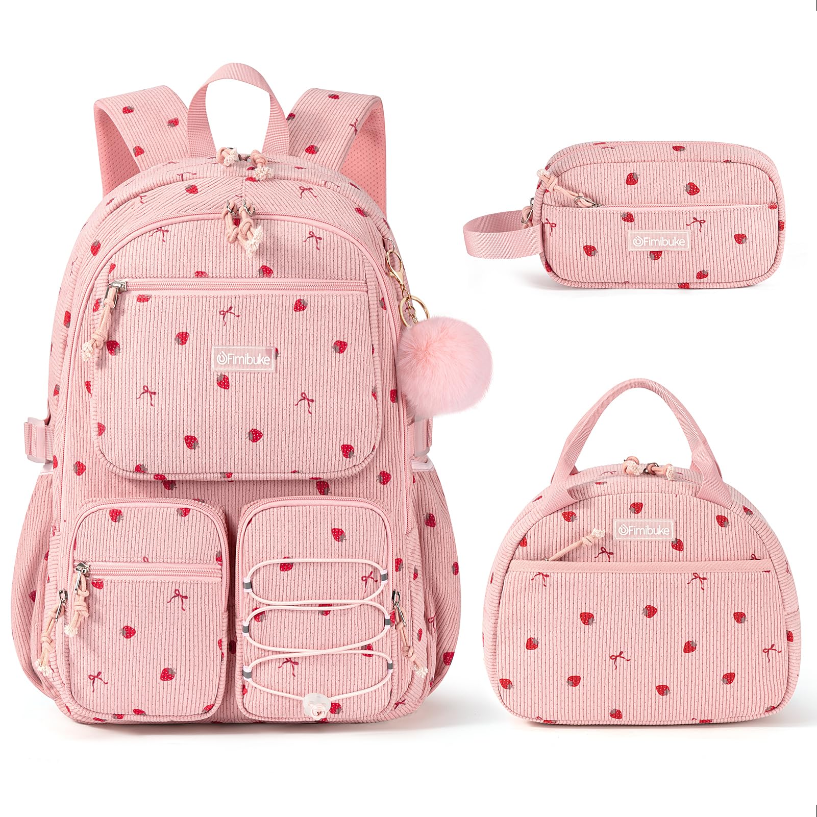 Fimibuke Corduroy Backpack for Girls, 3PCS Kids Backpack with Lunch Box | with Pencil Pouch, Lightweight Teen Girls School Bag Bookbag Set Laptop Bag Travel Daypack for Elementary Middle High School